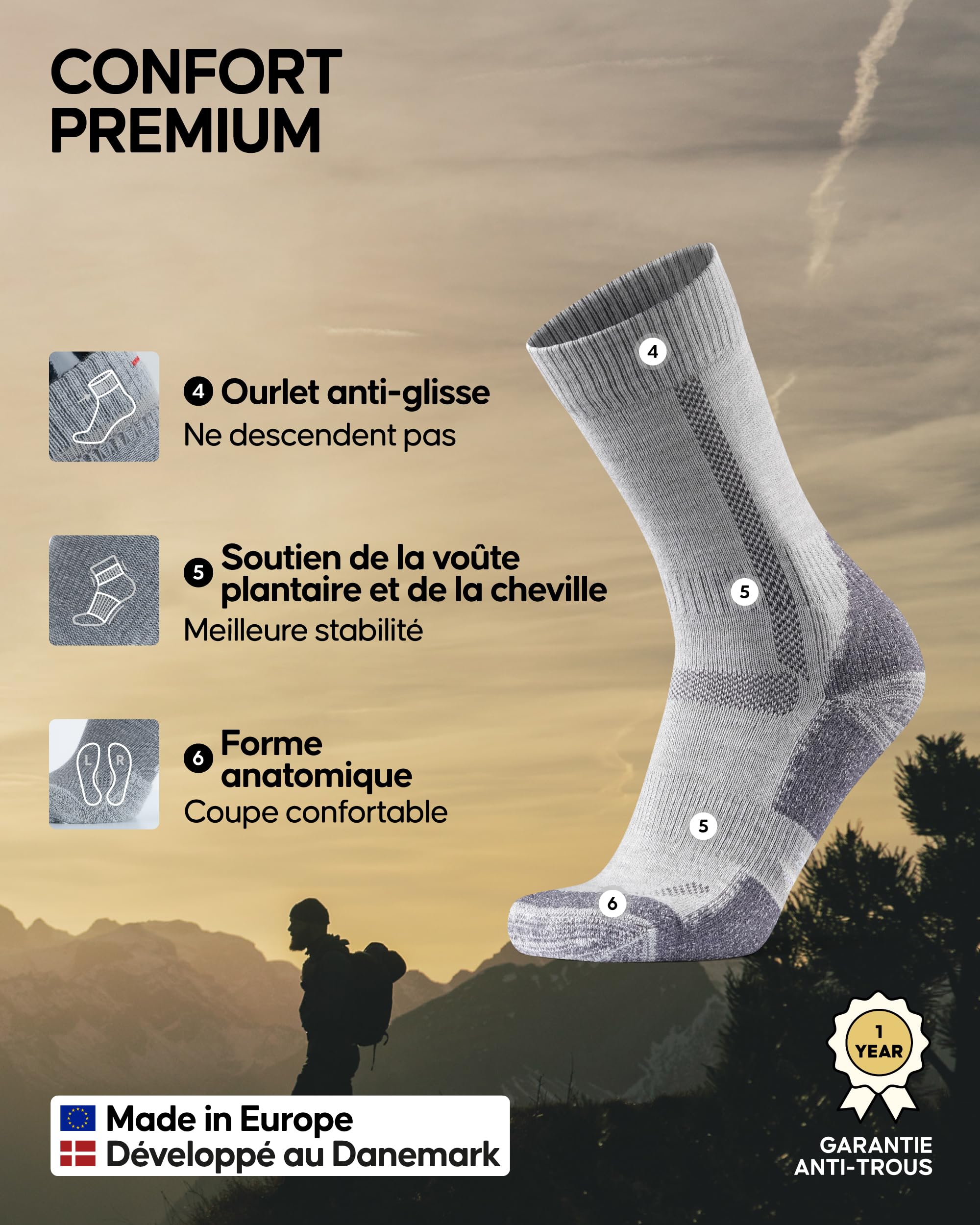 DANISH ENDURANCE Chaussettes de Randonnée en Laine Mérinos Respirante Anti-blisters Lot de 3