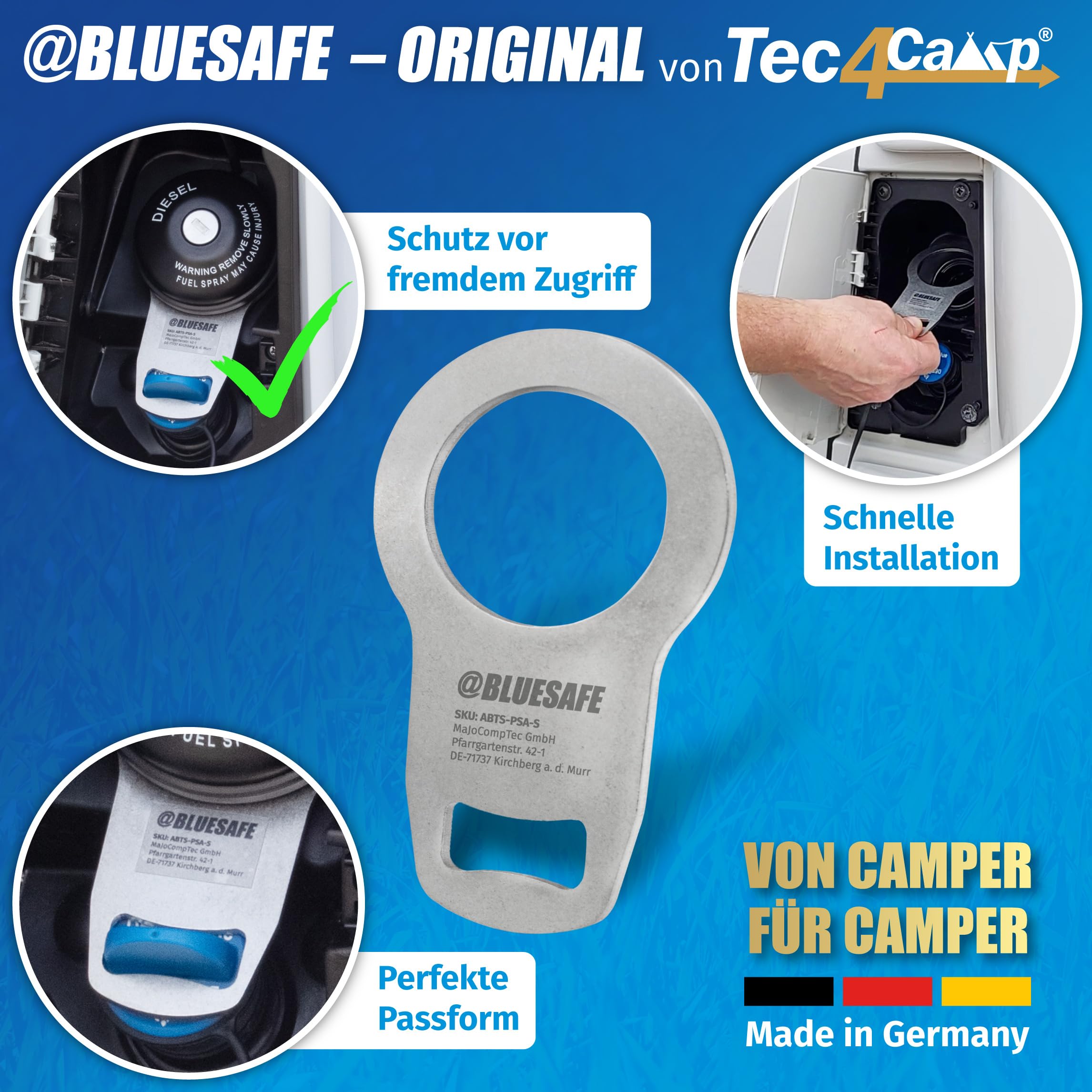 MaJoCompTec® ADBLUESAFE Zabezpieczenie korka wlewu paliwa, zabezpieczenie wlewu paliwa AdBlue, akcesoria do samochodów kempingowych (wersja ze stali nierdzewnej, bezpiecznik Boxer + Jumper + Ducato)