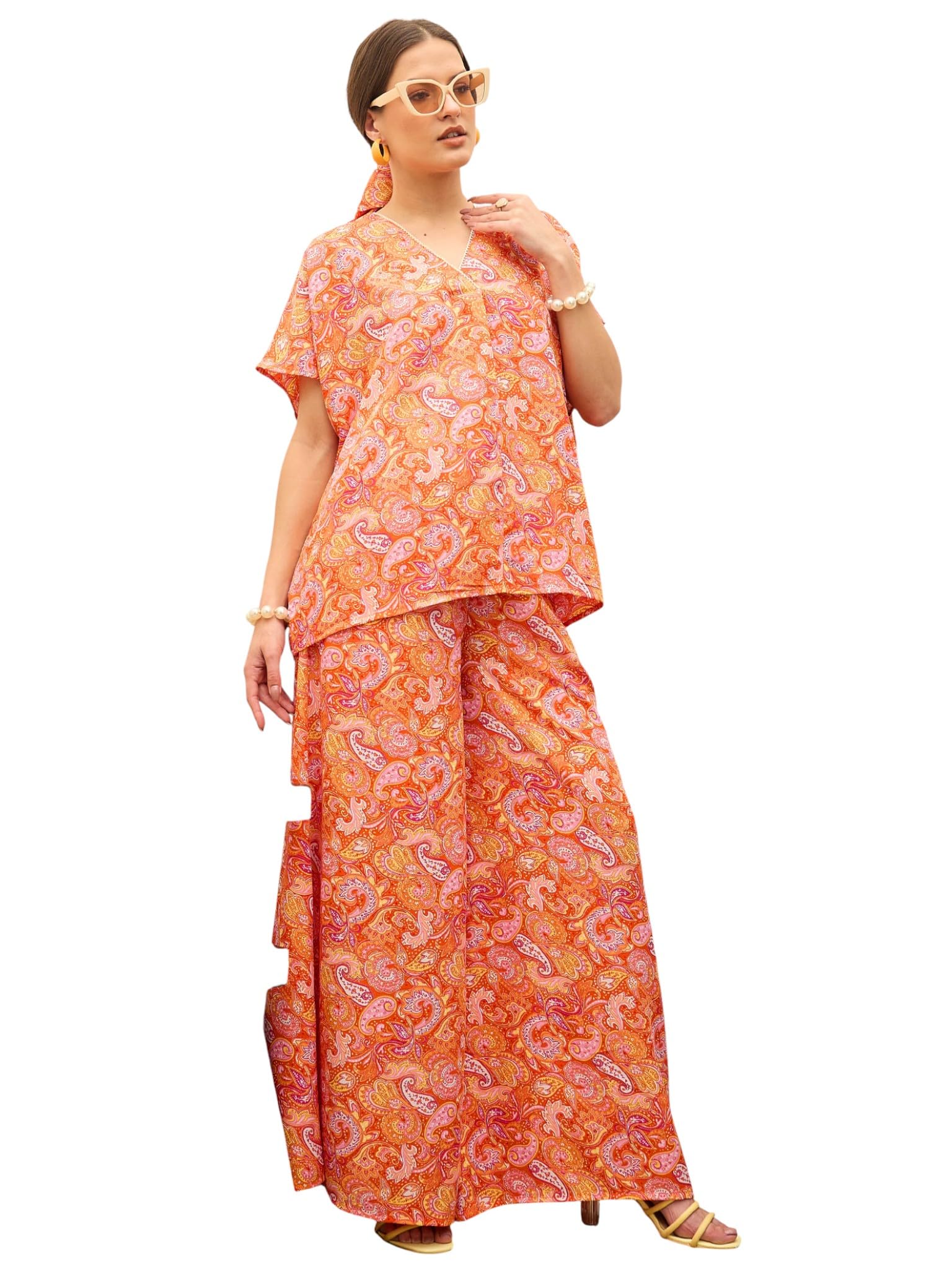 sassafras Women's Paisley V-Neck Top with Flared Pants-picture-20