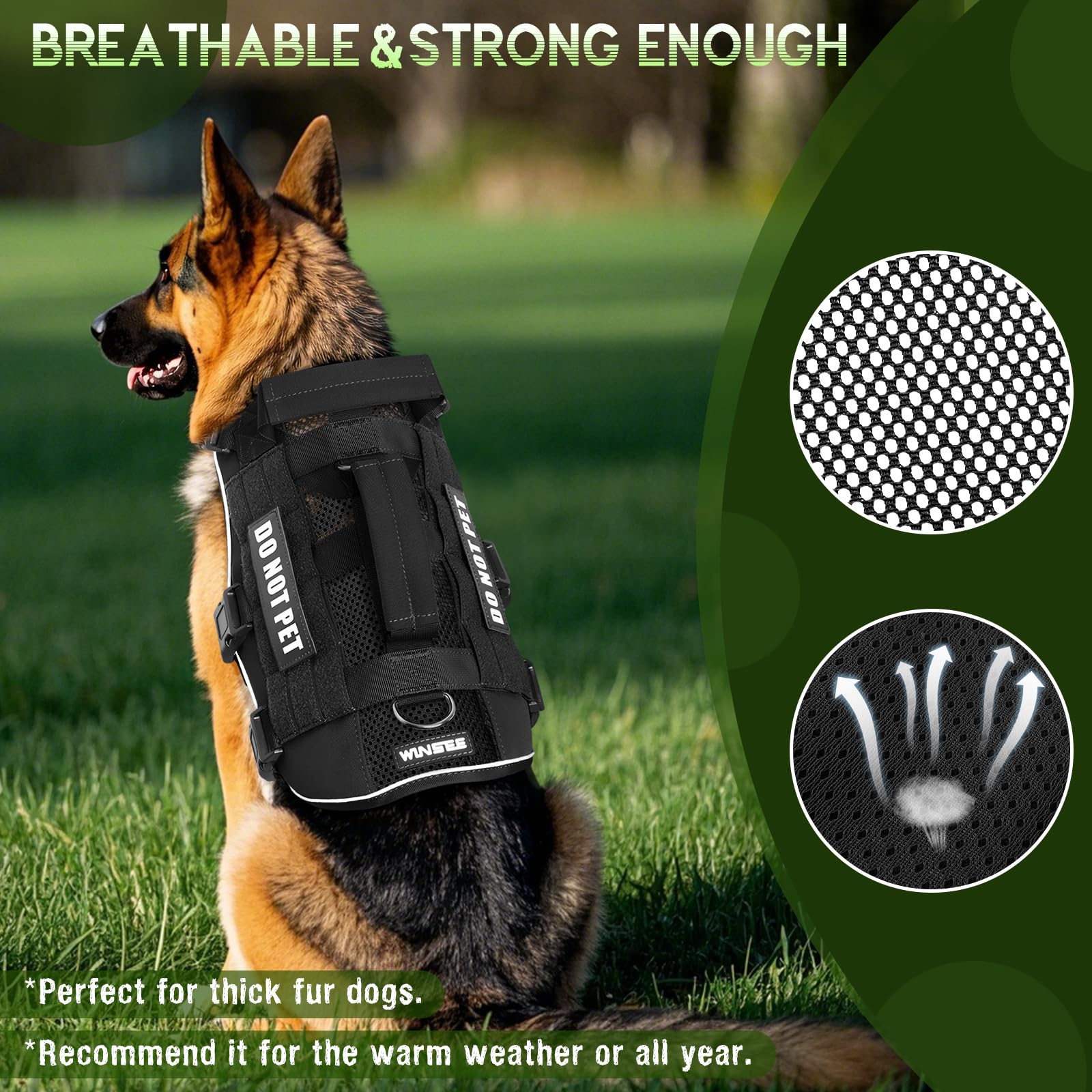 WINSEE - Arnés de malla de entrenamiento para perro con 10 parches para mascotas, malla de aire suave, transpirable, chaleco táctico Molle para perro, chaleco reflectante militar sin tirones, con