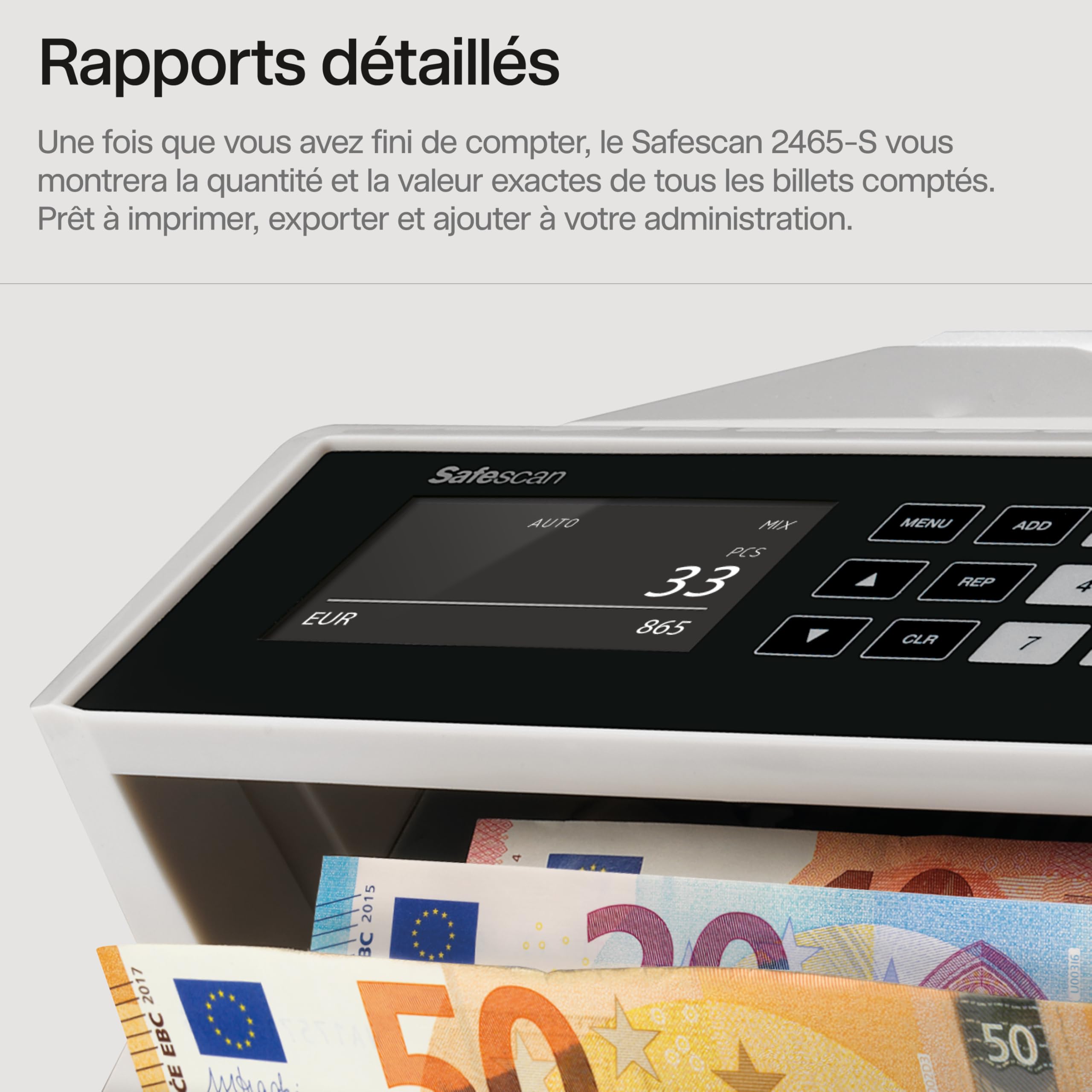 Safescan 2465-S compteuse de billets valorisatrice pour les billets mélangés euro - Compteur de billets avec détection de faux billets sur 7 points - Compte les billets triés de toutes les devises