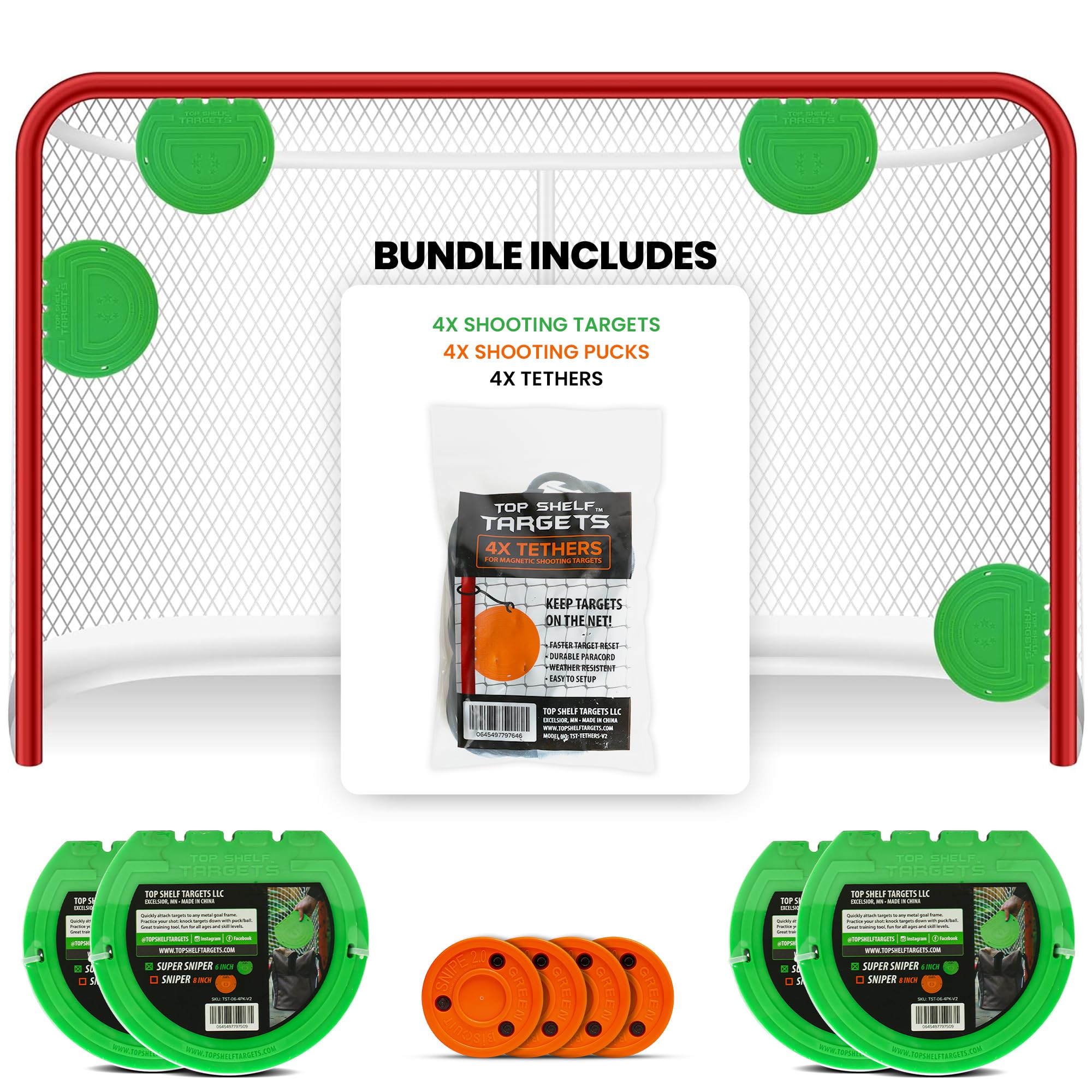 Top Shelf Targets Combo Bundle with 4-6 Inches Durable Magnetic Hockey Targets, 4 Tethers and 4 Green Biscuit Pucks for Ice Hockey and Lacrosse Goal Shooting Practice