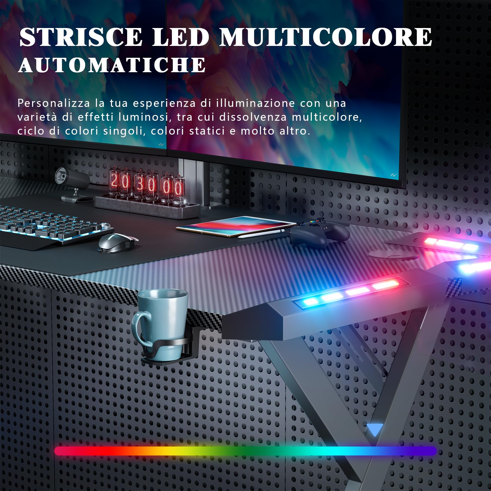 HLFURNIEU Scrivania Gaming LED 120 x 60 cm, Scrivania Gamer con Piano in Fibra di Carbonio, Postazione Gaming Ergonomico con Porta Bicchiere e Gancio per Casco, Tavolo Computer Nero