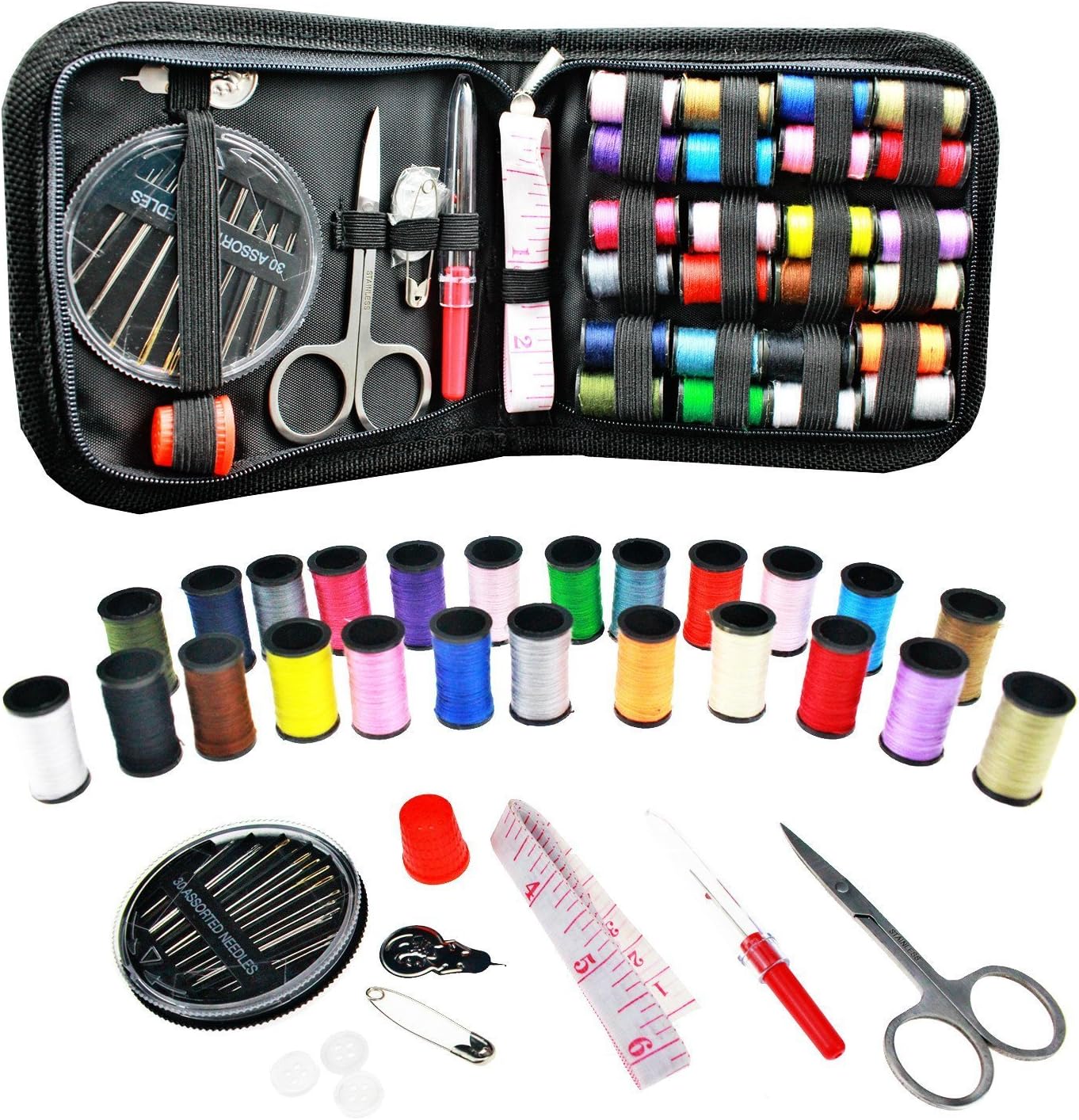 [24 Spools of Thread] Gold Meier Mini Travel Sewing Kit Emergency Sewing Supplies with Scissors, Thimble, Thread, Needles, Tape Measure, Carrying Case, Perfect for Repairing and Mending