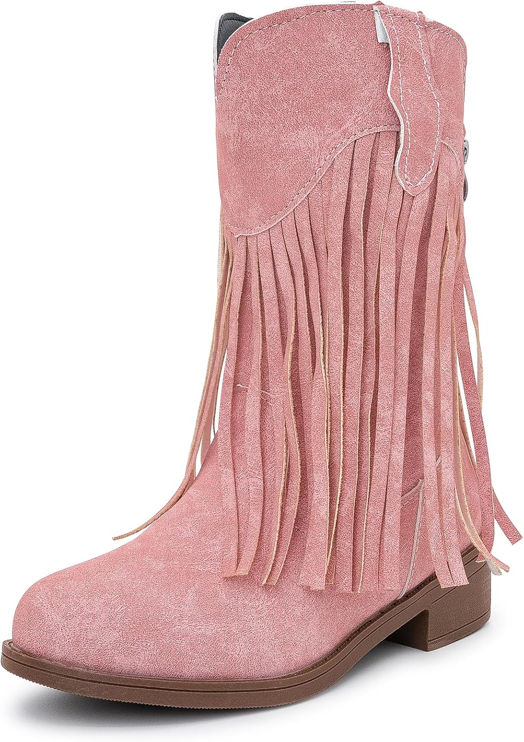 techcity Cowgirl Boots for Girls Mid Calf Pointed Toe Kid Cowboy Boots with Tassel Fringe Low Heel Warm Fleece Riding Shoes Little/Big Girls