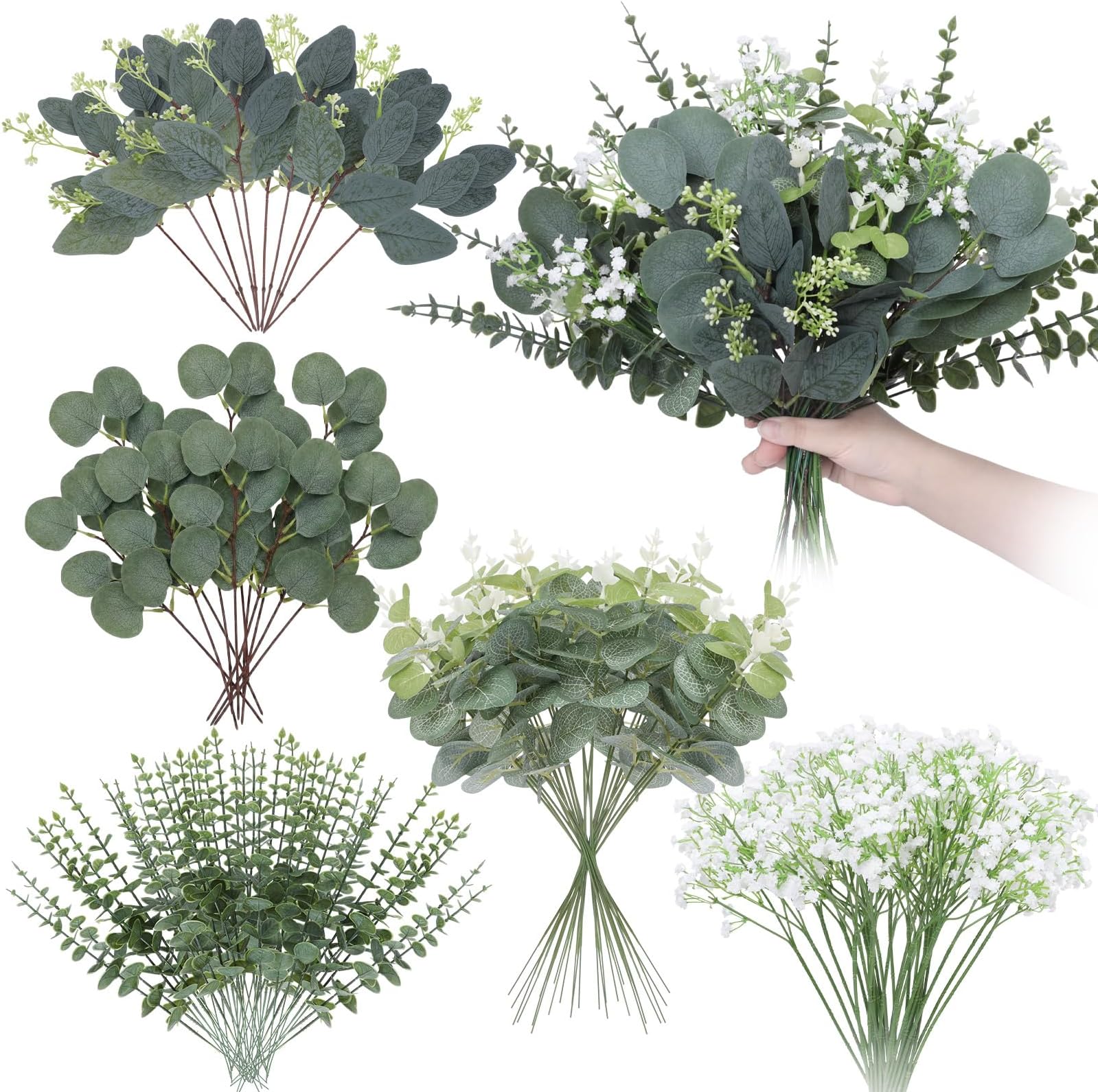 120 Pcs 5 Kinds Mixed Eucalyptus Leaves Stems Artificial Eucalyptus Leaves Bulk Silver Dollar Faux Greenery Picks for Wedding Vase Bouquet Centerpieces Decor
