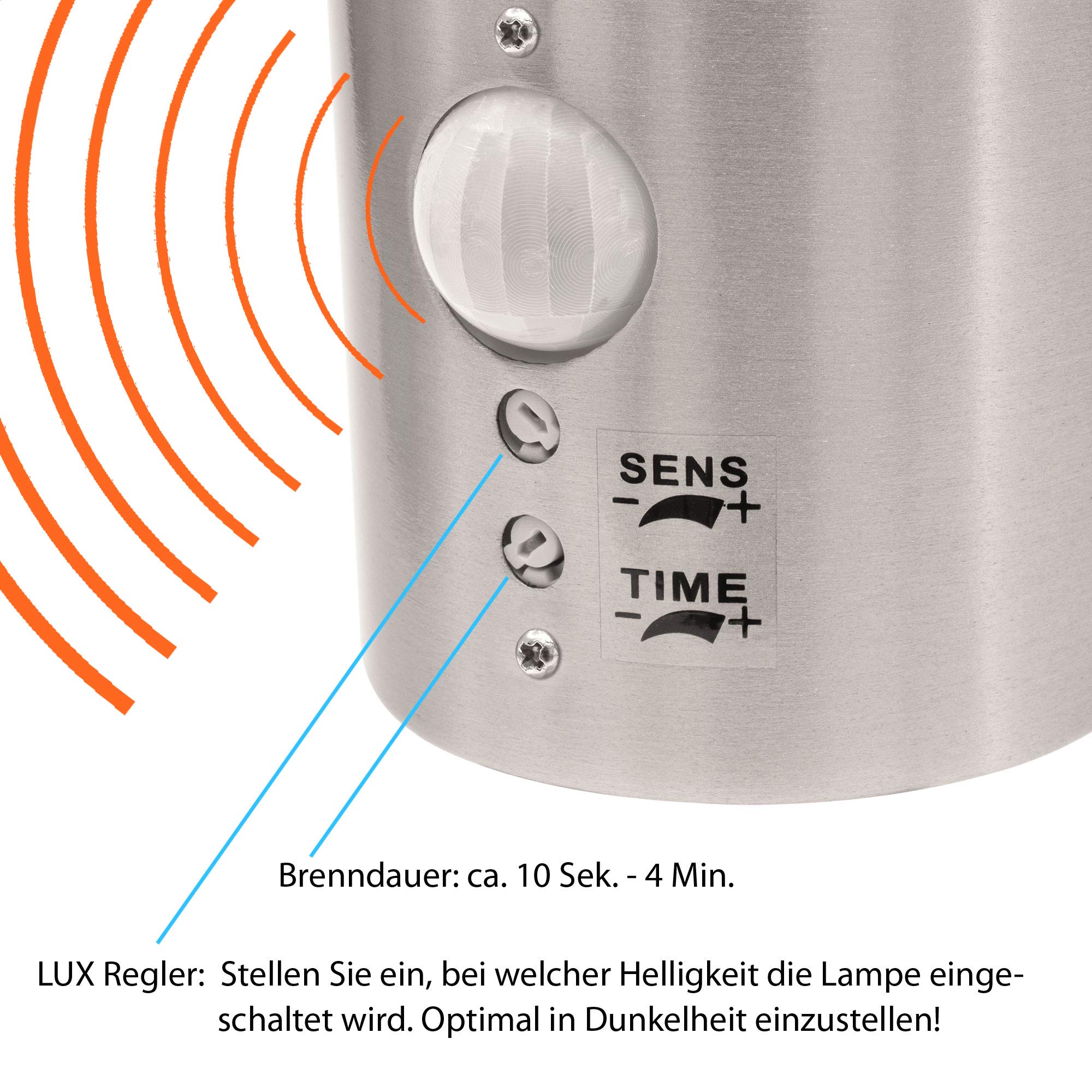 Maxkomfort Aussenleuchte mit Bewegungsmelder + 10W LED neutralweiß E27 Fassung Wand-leuchte Wandlampe Flurleuchte Edelstahl modern IP44 ASTERIA 1773 Gartenleuchte
