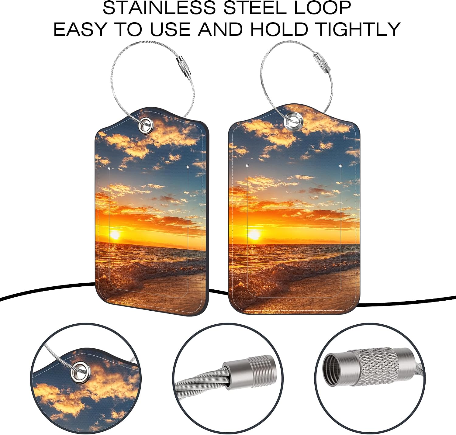 2 Pack Luggage Tags for Suitcase,Sunrise on a Island PU Leather Luggage Tags with Privacy Cover Name Address Labels and Steel Ring,Creative Travel Accessories for Men and Women image 4