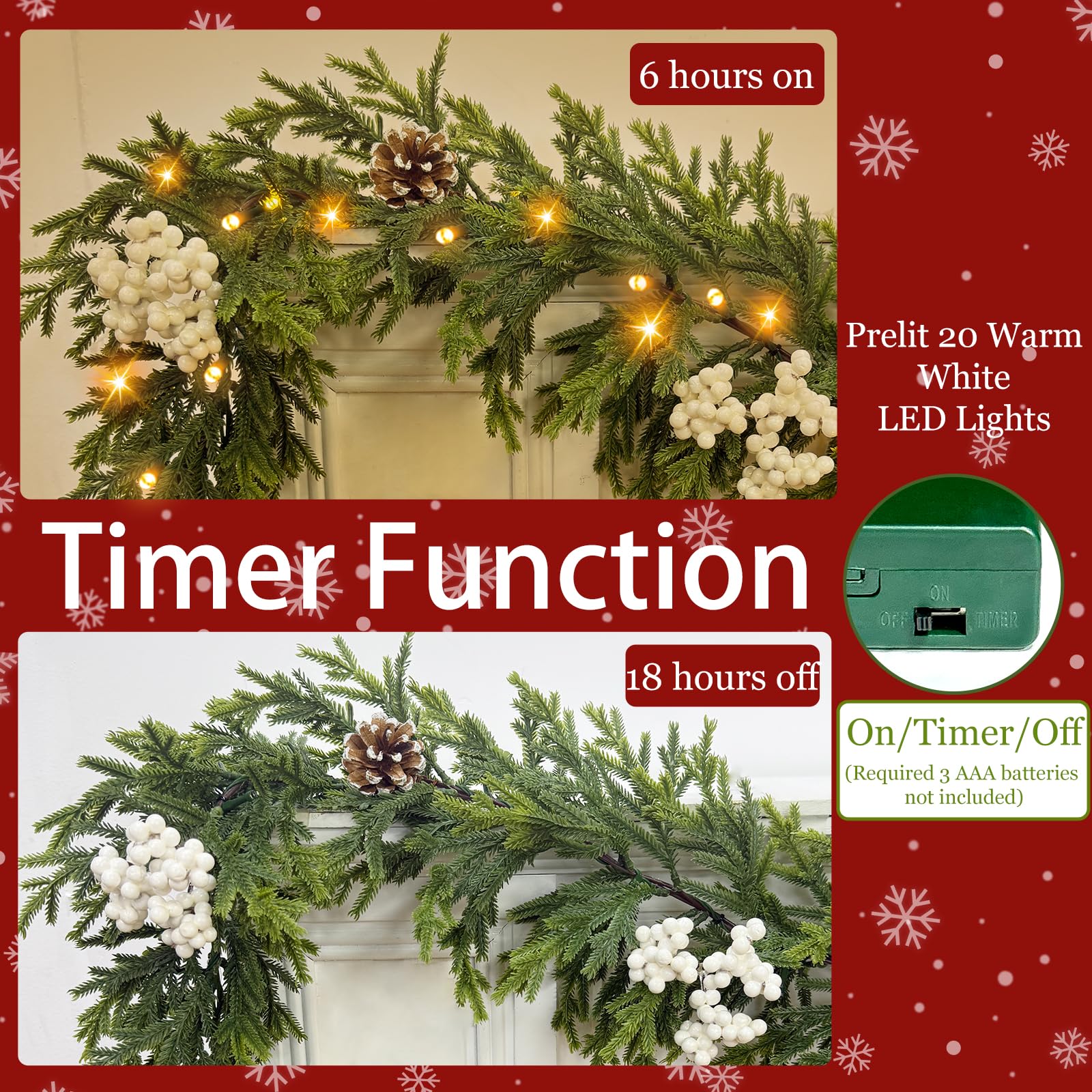 Guirlande de cèdre de Noël de 1,8 m avec baies blanches, pommes de pin et 20 lumières LED blanc chaud, vigne douce avec minuteur, décoration de Noël à piles pour cheminée, table, porte, escaliers
