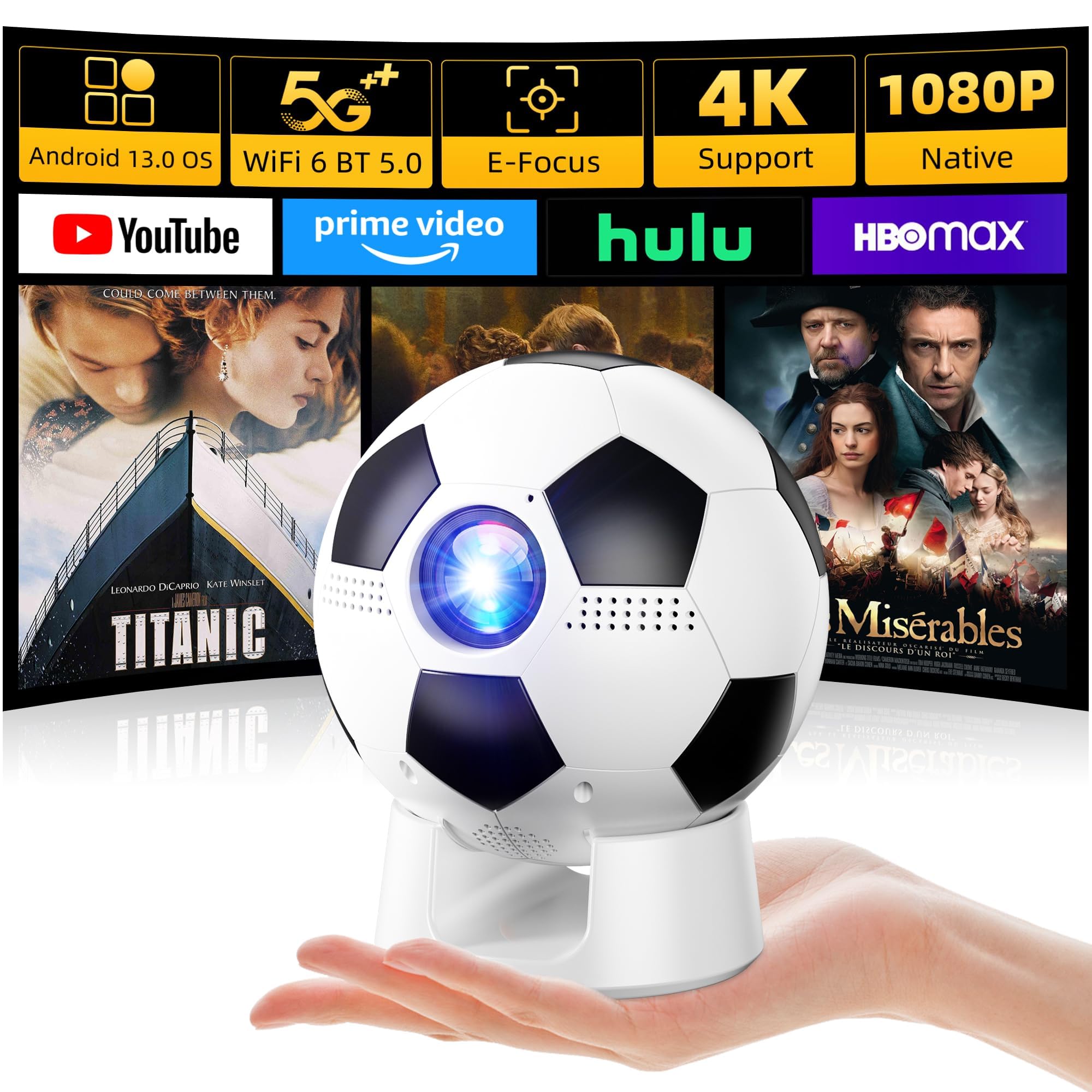 |Built-in Apps| Smart Projector with WiFi and Bluetooth, Mini Projector with Native 1080P Resolution, Dual Bond Wi-Fi 6, &180° Rotatable Integrated stand, Gift for Him/Boys/Fathers