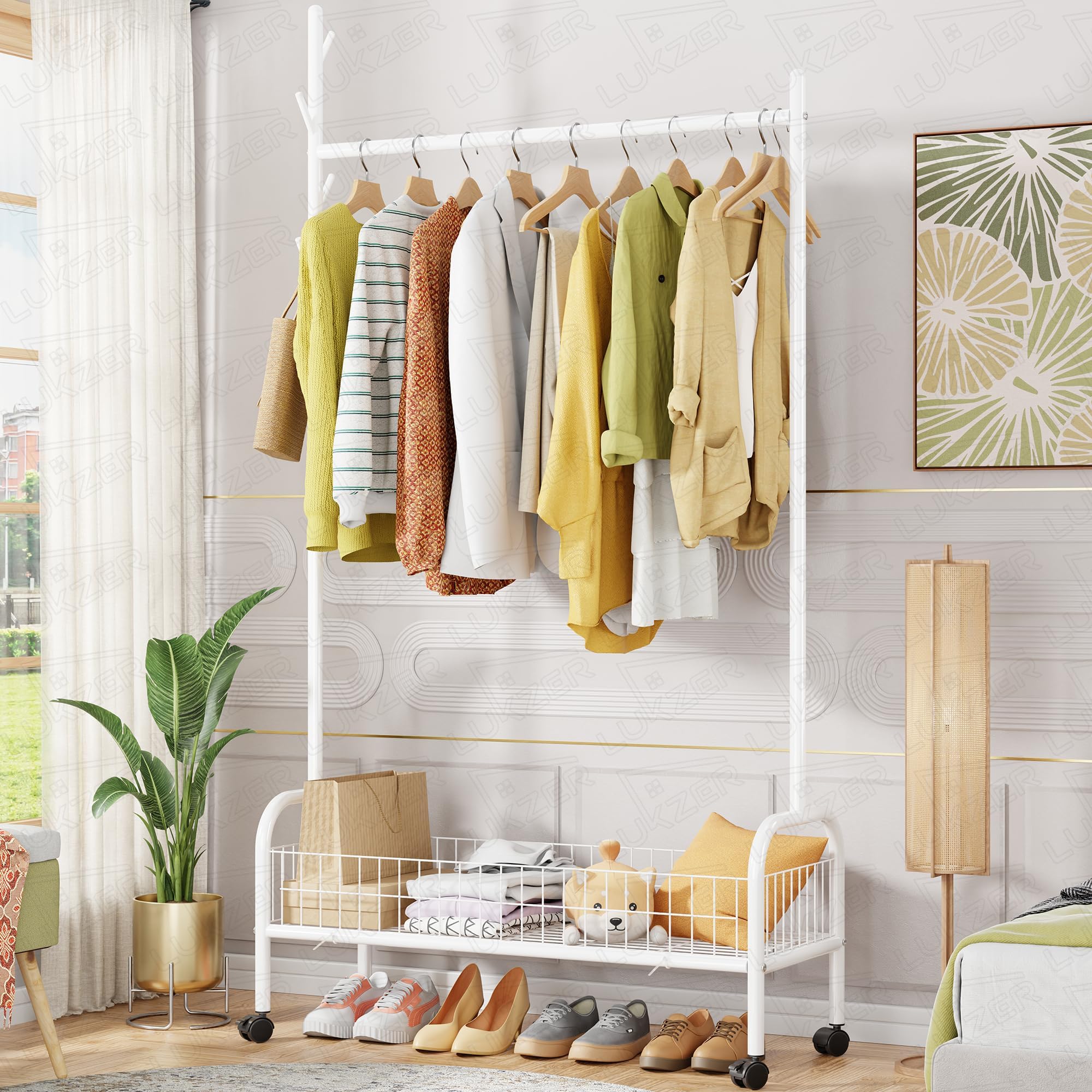 Lukzer | MGR-001 | White | Portable Metal Clothes Rack with Wheels, Single Rod & Bottom Shelf โ Heavy-Duty Freestanding Closet Organizer for Bedroom, Laundry, Entryway & More | 173 x 90 x 35 cm