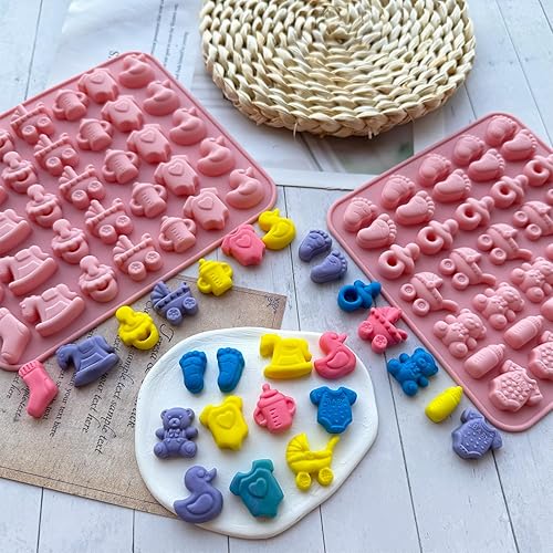 Miniatura 2 de Paquete de 2 moldes de chocolate para baby shower, 70 cavidades para pies de bebé, para chupete, para chupete, cunas, forma de oso, moldes de
