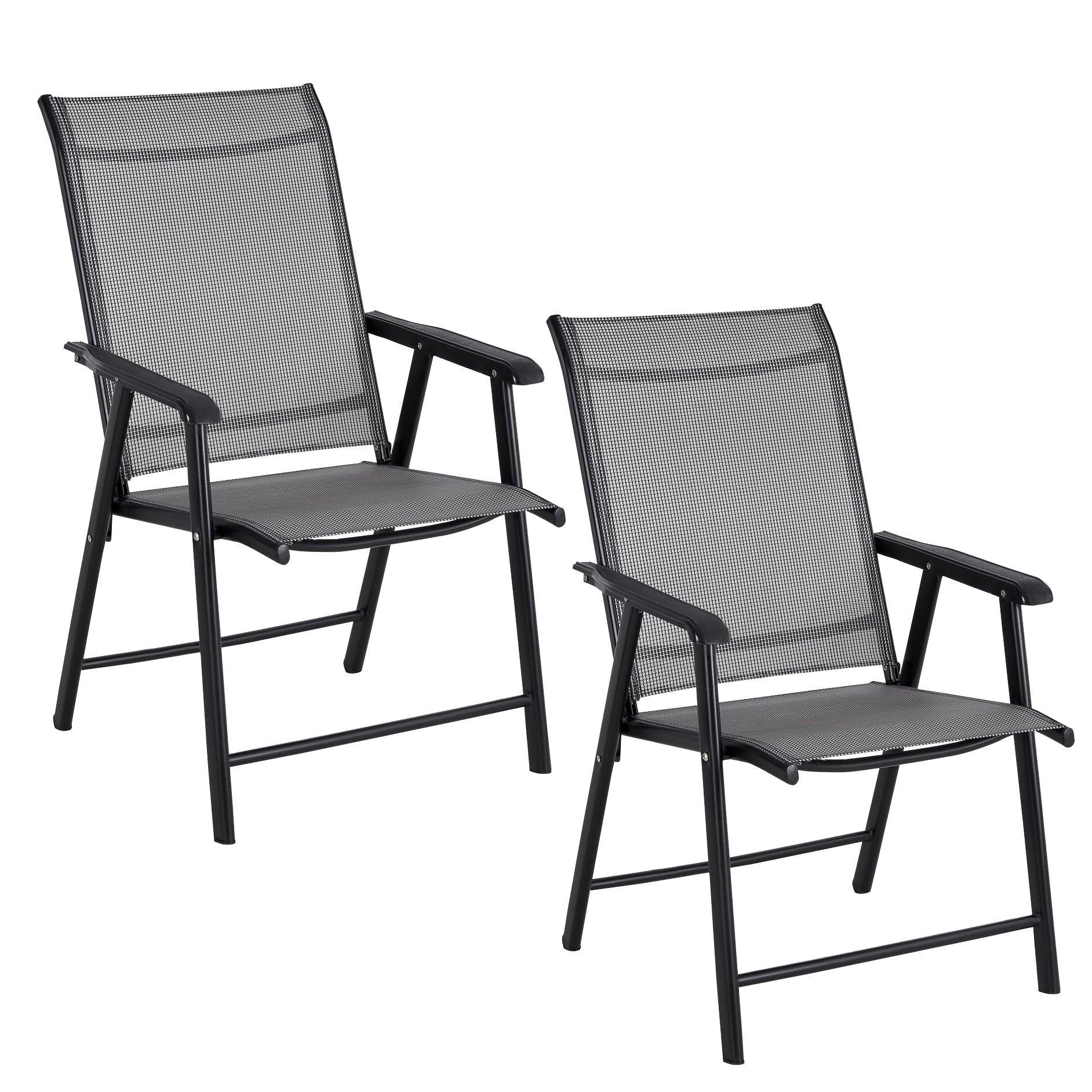 BTEXPERT Set of 2 Heavy Duty Patio Folding Chair Outdoor Indoor Portable Dining Sling Back Metal Frame with Armrests Lawn Pool Courtyard Porch Balcony Garden, Grey