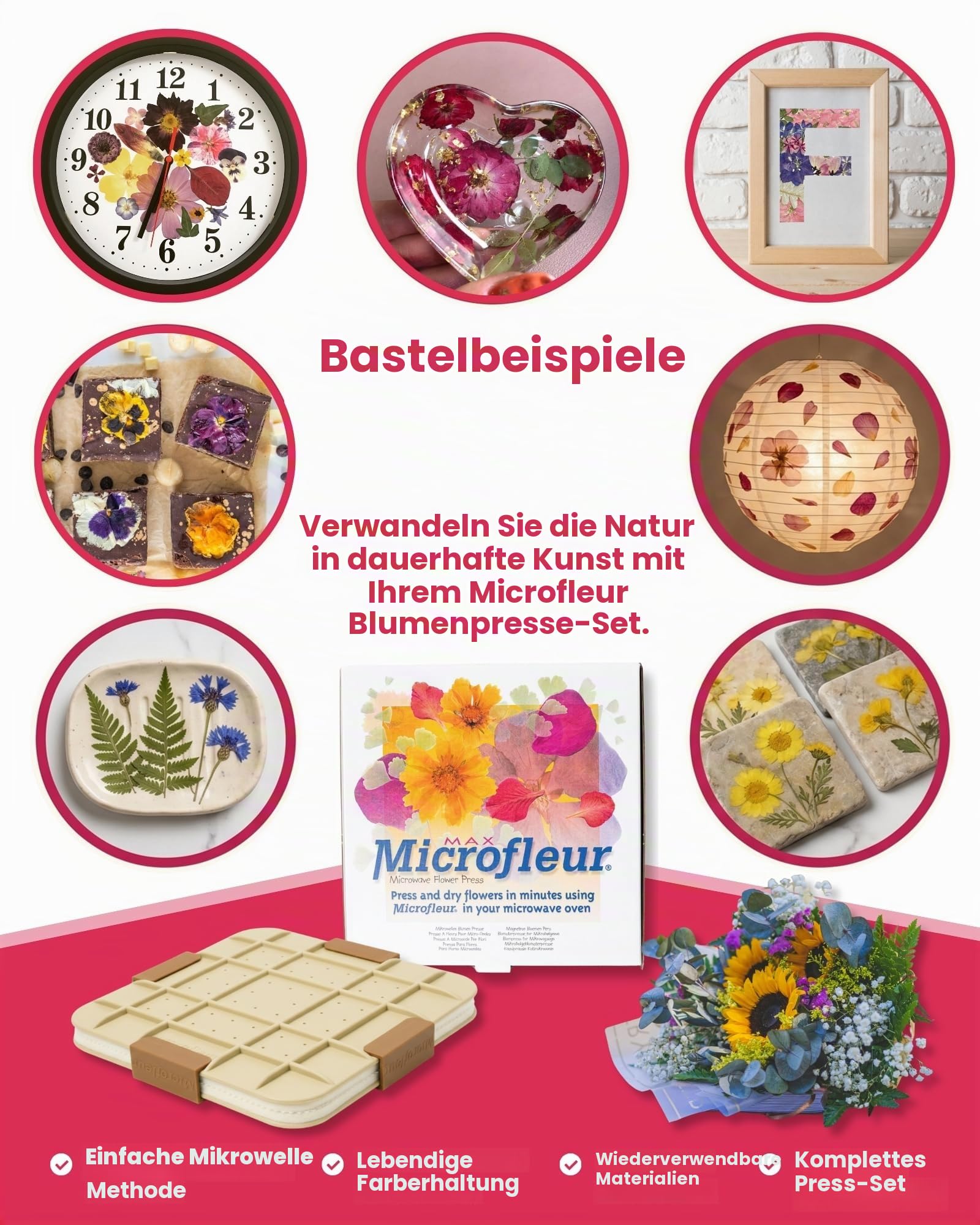 Microfleur 23 cm Max Mikrowellen-Blumenpress-Set zum Pressen von Blumen und zum Herstellen von gepressten Blumen