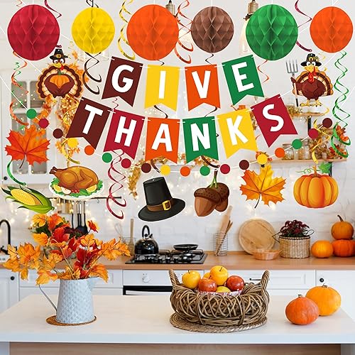 Miniatura 7 de Decoración de fiesta de Acción de Gracias, pancarta de agradecimiento con bolas de panal de abeja, pavo, calabaza, hojas de arce, espirales