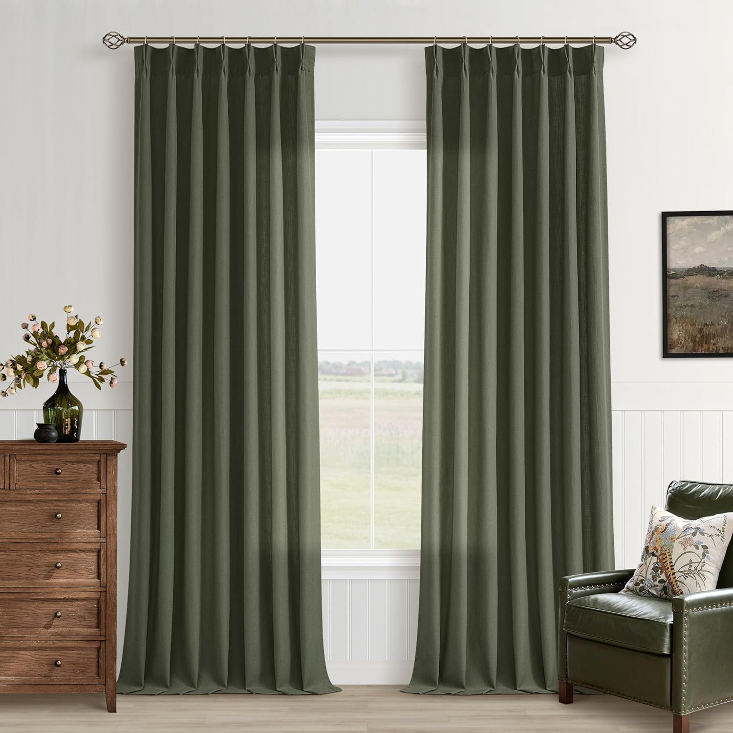 Rifle Green Linen Curtains 102 Inches Long for Living Room Pinch Pleated Draps with Hooks Rings for Traverse Rods Back Tab Semi Sheer Olive Hunter Forest Green Cottage 102 Inch Pleat Curtains 40x102