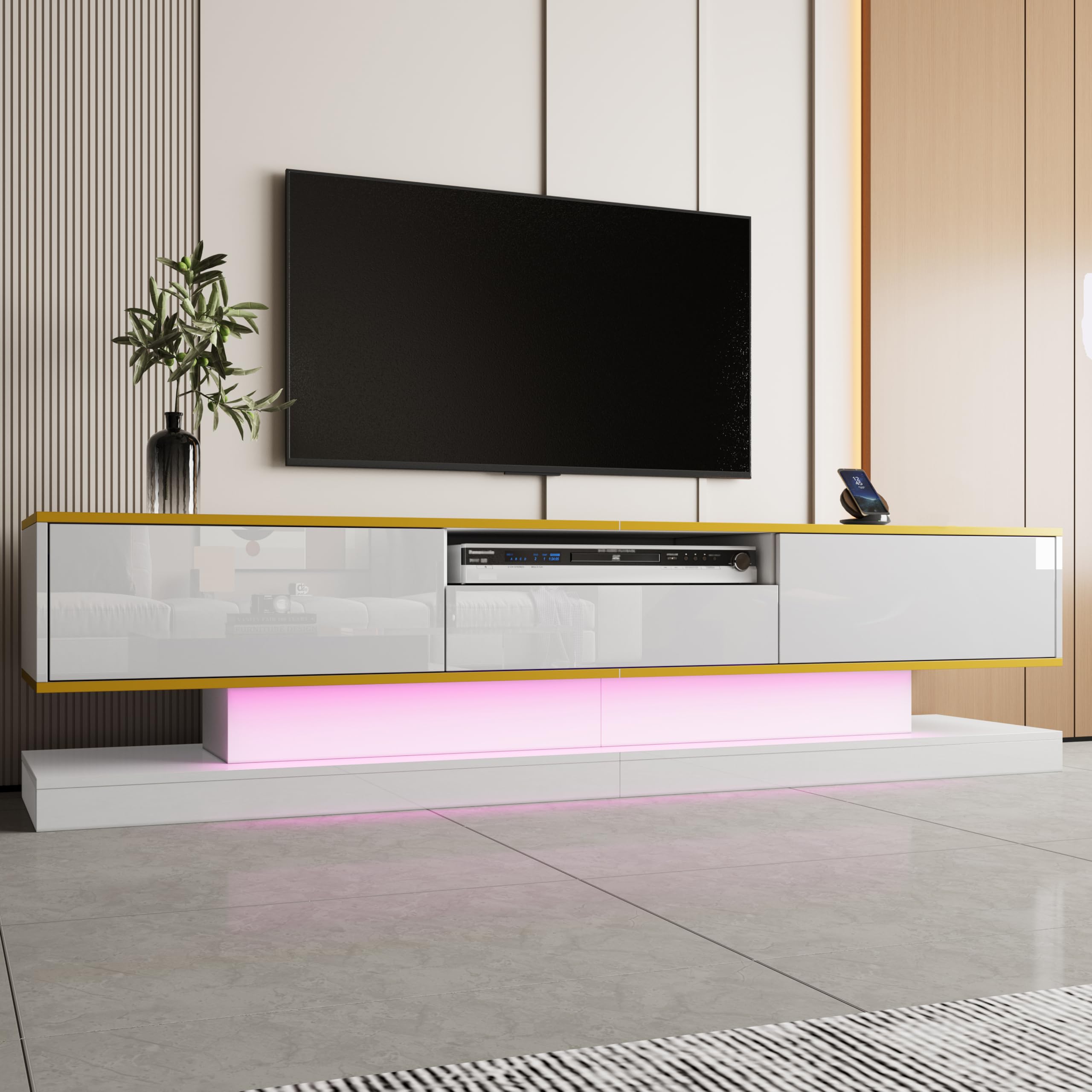 Meuble TV 180 cm de Long avec 3 tiroirs 1 Compartiment Ouvert - Brillant avec lumières LED lowboard pour Salon Salle à Manger Meuble Bas Table Blanc