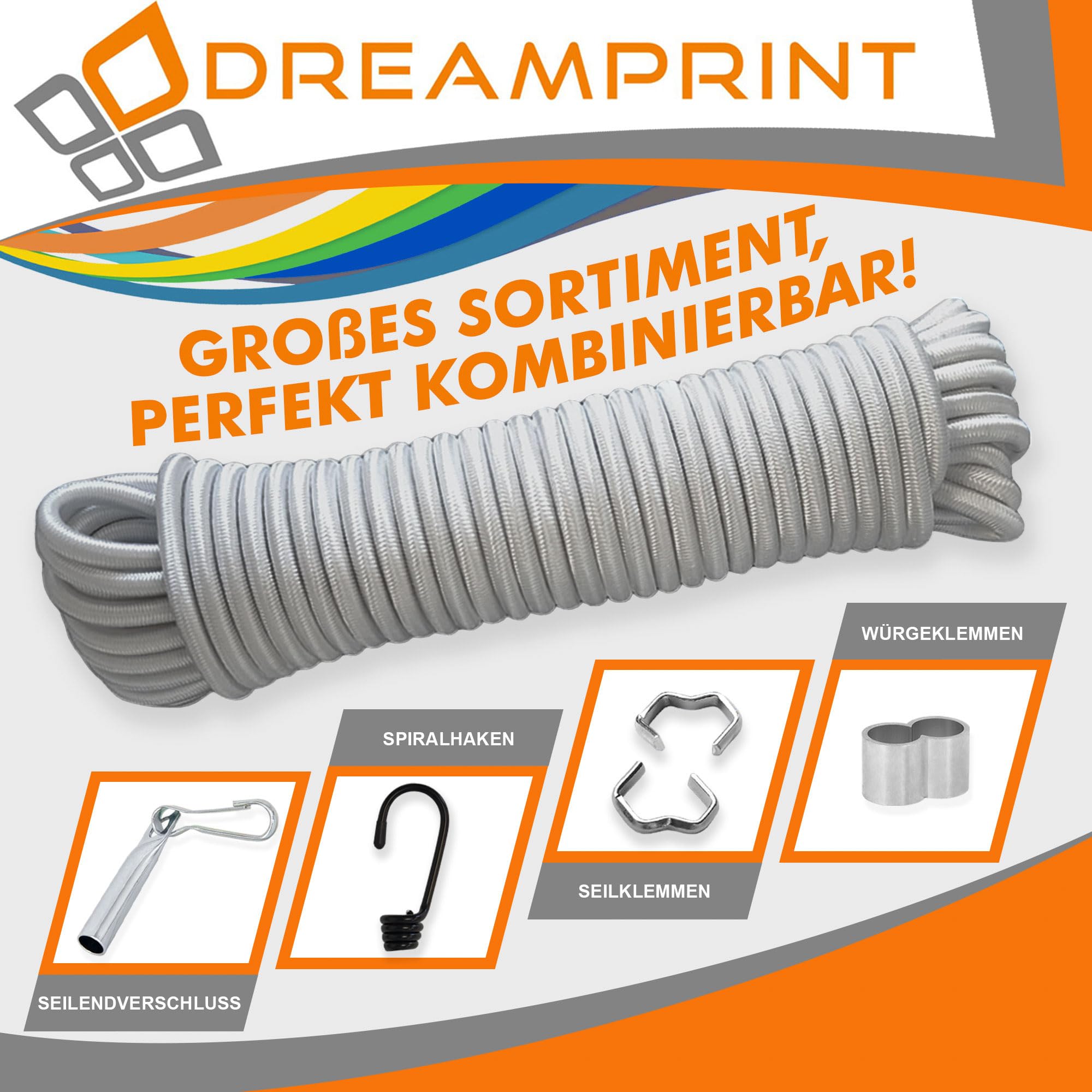 Dreamprint Espansore Corda 10m Grigia - Corda elastica versatile da 8mm Ø per interni ed esterni - Flessibile per fissaggio carico, coperture, campeggio e attività all'aperto