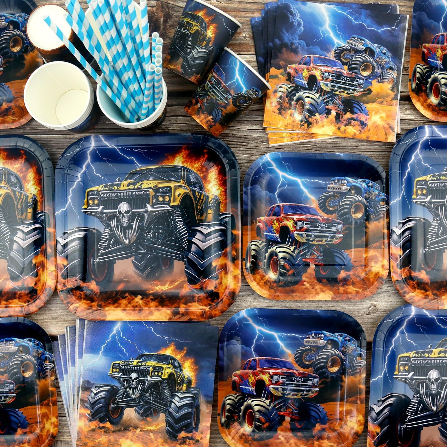 Monster Truck Party Decoration - Monster Truck Birthday Party Tableware Supplies Includes Plates, Cups, Napkins, Tablecloth, Straws (20) - Image 5