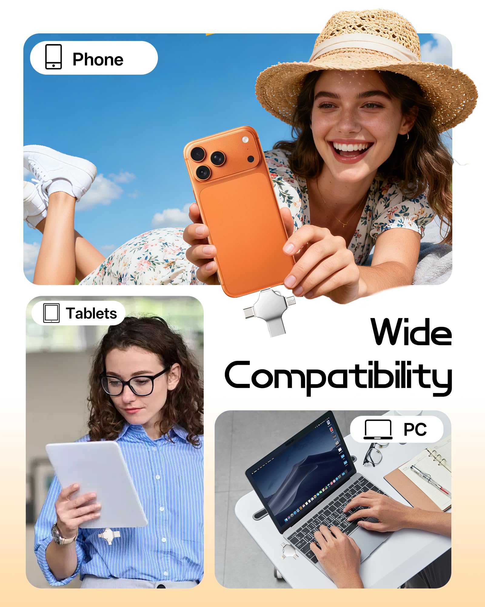 Ghekkli 128GB USB Stick für iPhone und Android - 4-in-1 Flash Laufwerk für Smartphone Tablet und PC - Externer Speicher zur Datensicherung von Fotos und Videos - Silber - 5