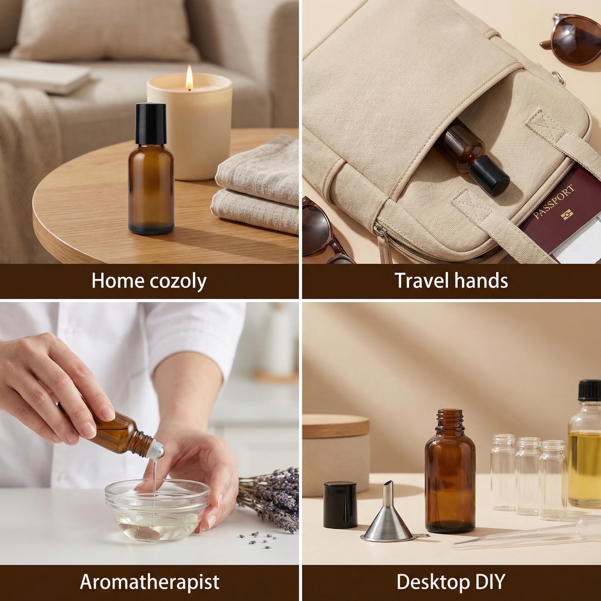 3 flaconcini vuoti di alta qualità da 50 ml in vetro, ricaricabili, con roll-on, per oli essenziali, profumi, essenze, con sfera in acciaio inox e coperchio nero