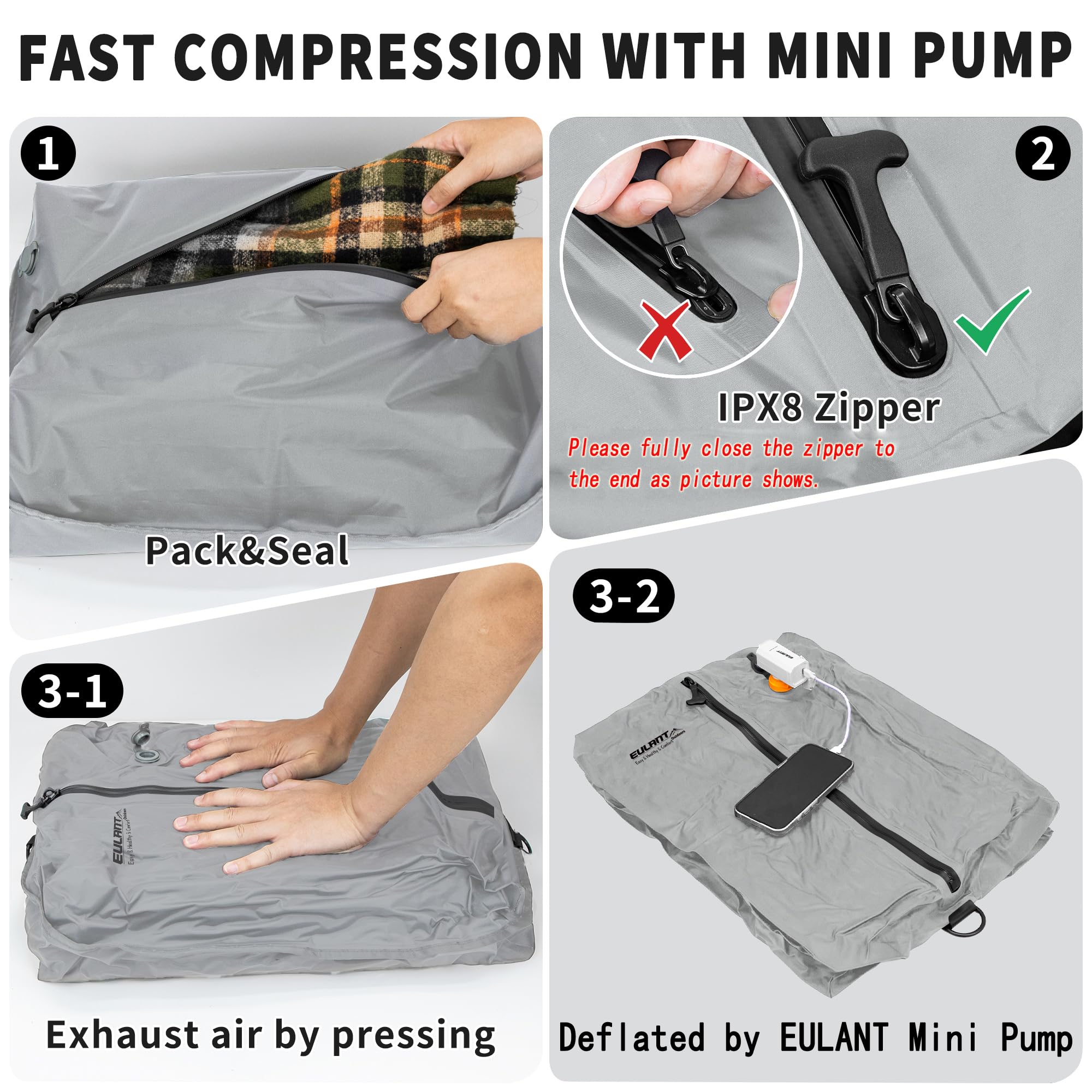 EULANT TPU Bolsas de Vacío de Ropa para Viaje con Bomba, Cubos de Embalaje de Compresión Reutilizable para Maletas/Equipaje/Mochila, Bolsas de Sellado al Vacío con Cremallera IPX8, Impermeable/Ahorra