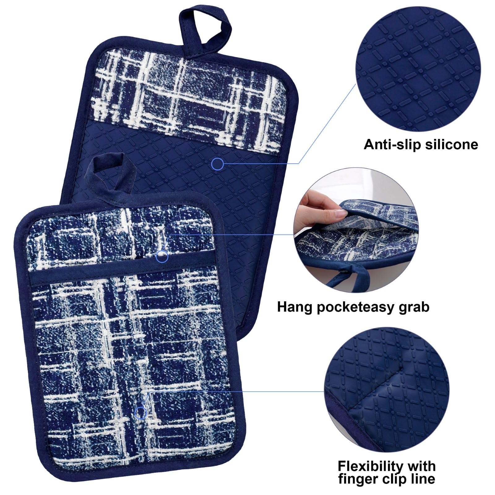 Alselo Juego de 5 guantes de cocina resistentes al calor y agarraderas antideslizantes de silicona con hebilla ajustable para el cuello, diseño bonito de algodón para cocinar (azul marino)