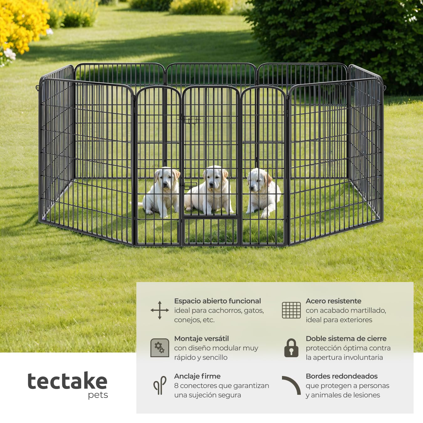 tectake® Parque para Perros y Conejos, Puerta Seguridad para Niños y Mascotas, Valla Metálica, Jaula Perro Grande, Barrera de Seguridad Plegable, Parque Perros y Conejos, Doble Cierre - 100 cm Alto