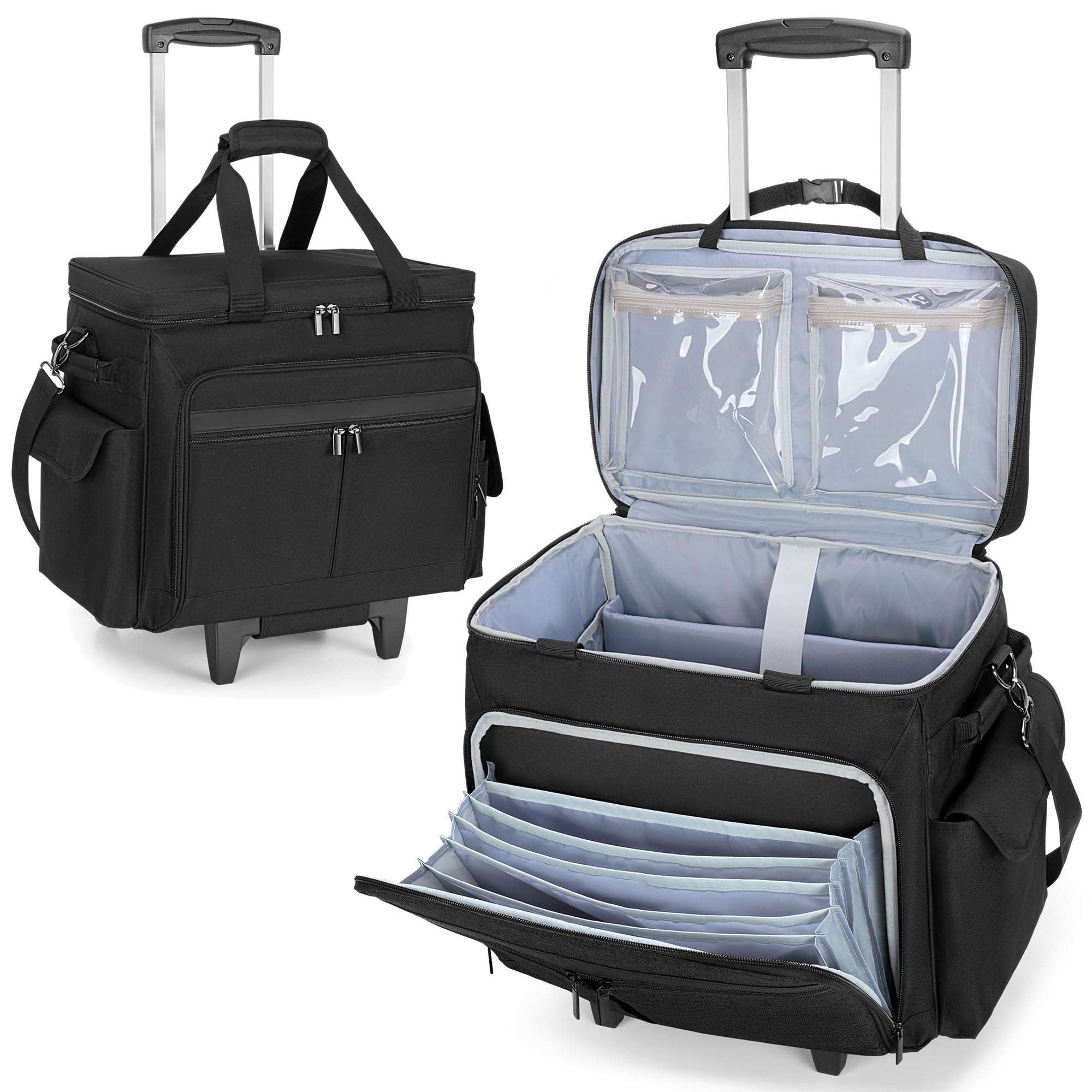 Trunab Rolling Teacher Bag with Expandable File Pocket and Detachable Trolley, Teacher Tote Bag with Wheels for up to 15.6 Inches Laptop (Patented Design) (Black)