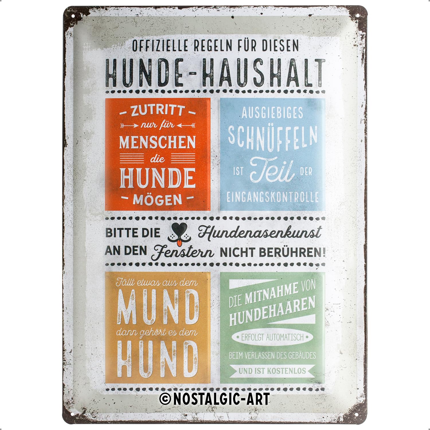 Nostalgic-Art 23245 Retro Blechschild PfotenSchild – Hunde-Haushalt Regeln – Geschenk-Idee für Hundebesitzer, aus Metall, Vintage-Dekoration, 30 x 40 cm