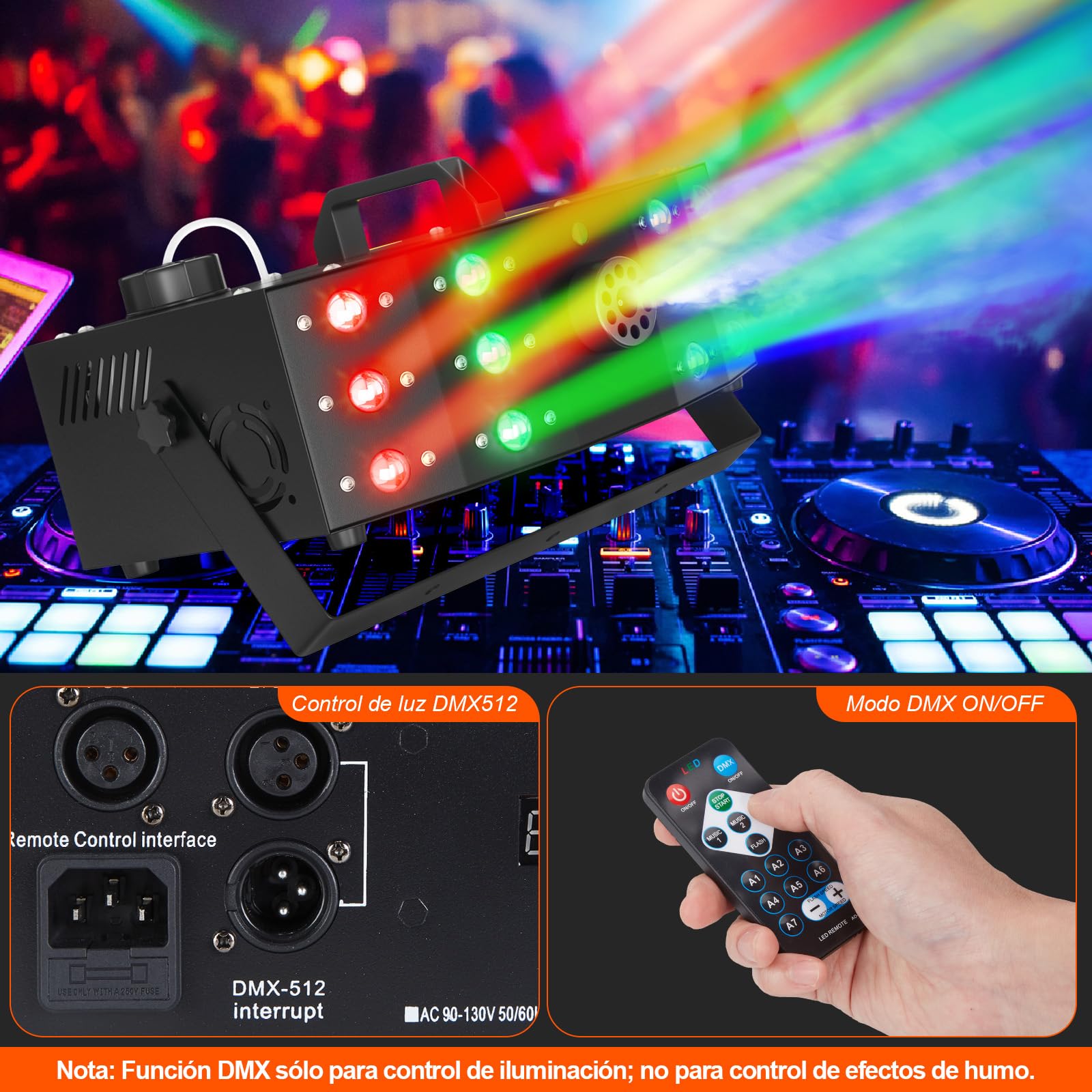 Hakuta Máquina de Humo con 12 Luces LED DMX, Control Remoto Inalámbrico para Interior y Exterior - Efectos para Fiestas, Bodas, Halloween y Escenarios