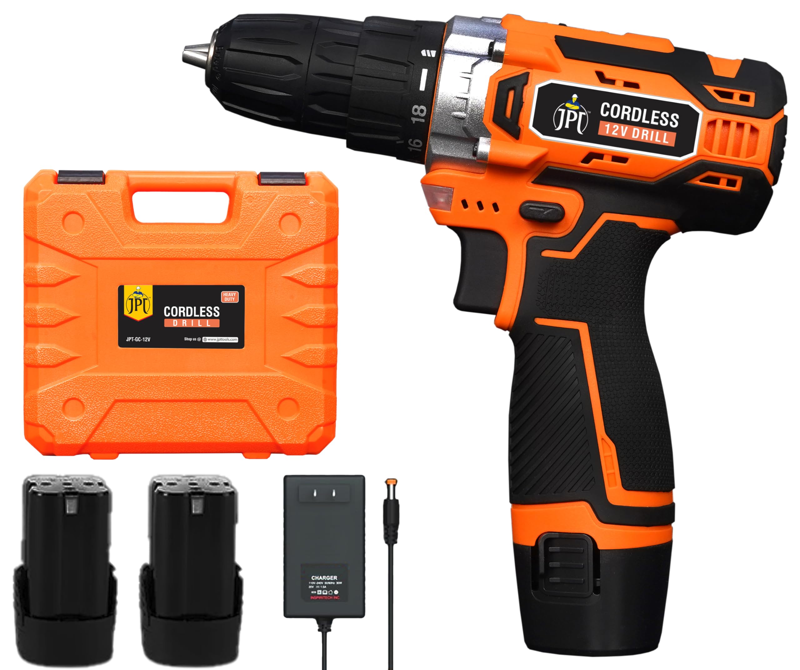 JPT Pro Plus Series 12-Volt Cordless Drill Machine | 30Nm Torque | 1550 RPM Speed | 18+1 Clutch Setting | 3/8-Inch Keyless Chuck | LED Light | 1500mAh Li-Ion Battery | Fast Charger