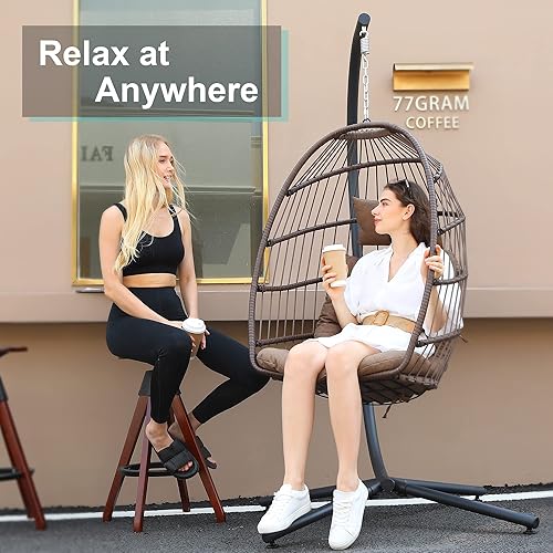 Miniatura 7 de LEYCAY Silla de huevo con soporte, hamaca colgante con soporte, silla de huevo de mimbre para interiores y exteriores con reposacabezas para patio,