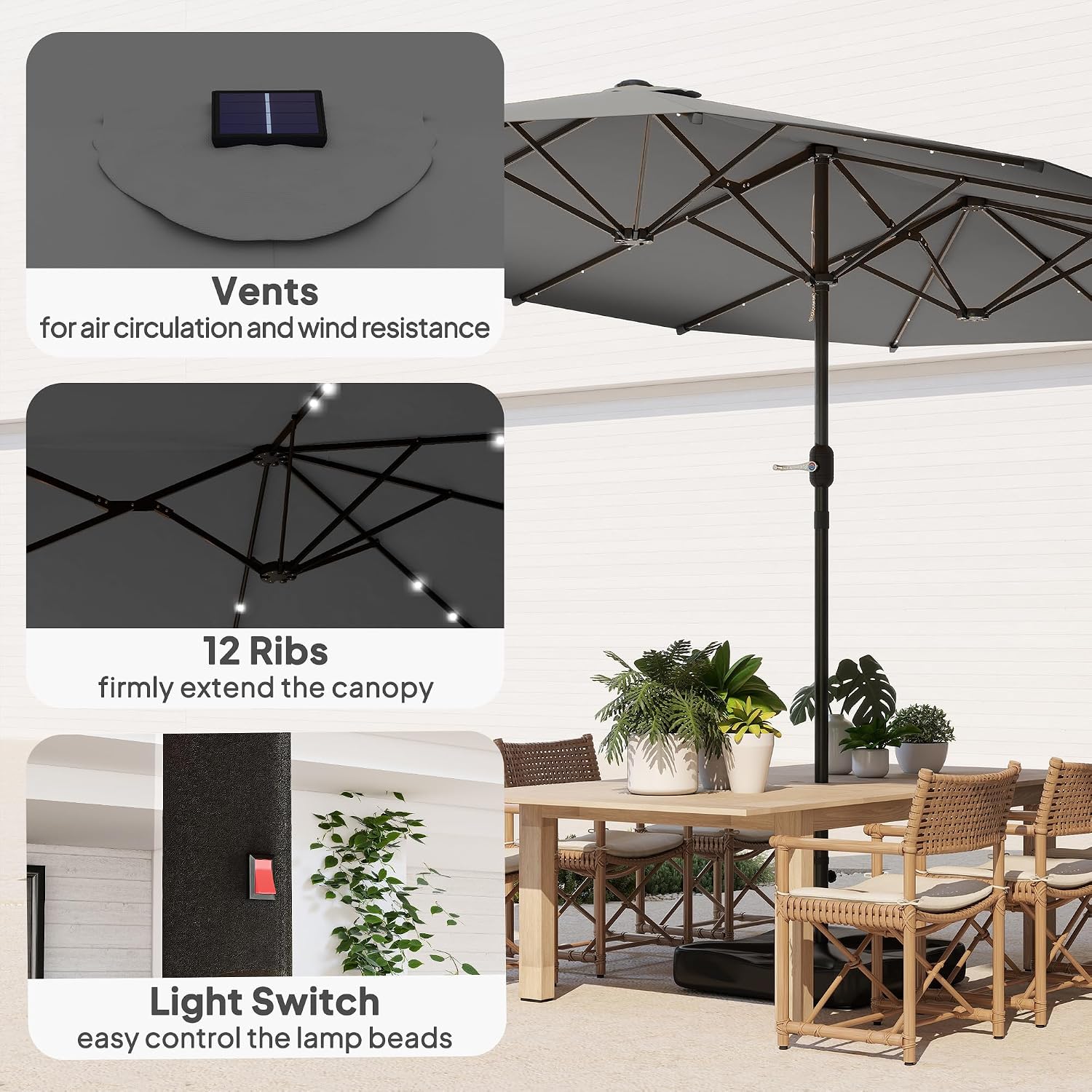 Outsunny 14.4ft Large Patio Umbrella with 36 Solar LED Lights, Double Sided Outdoor Umbrella with Base Included