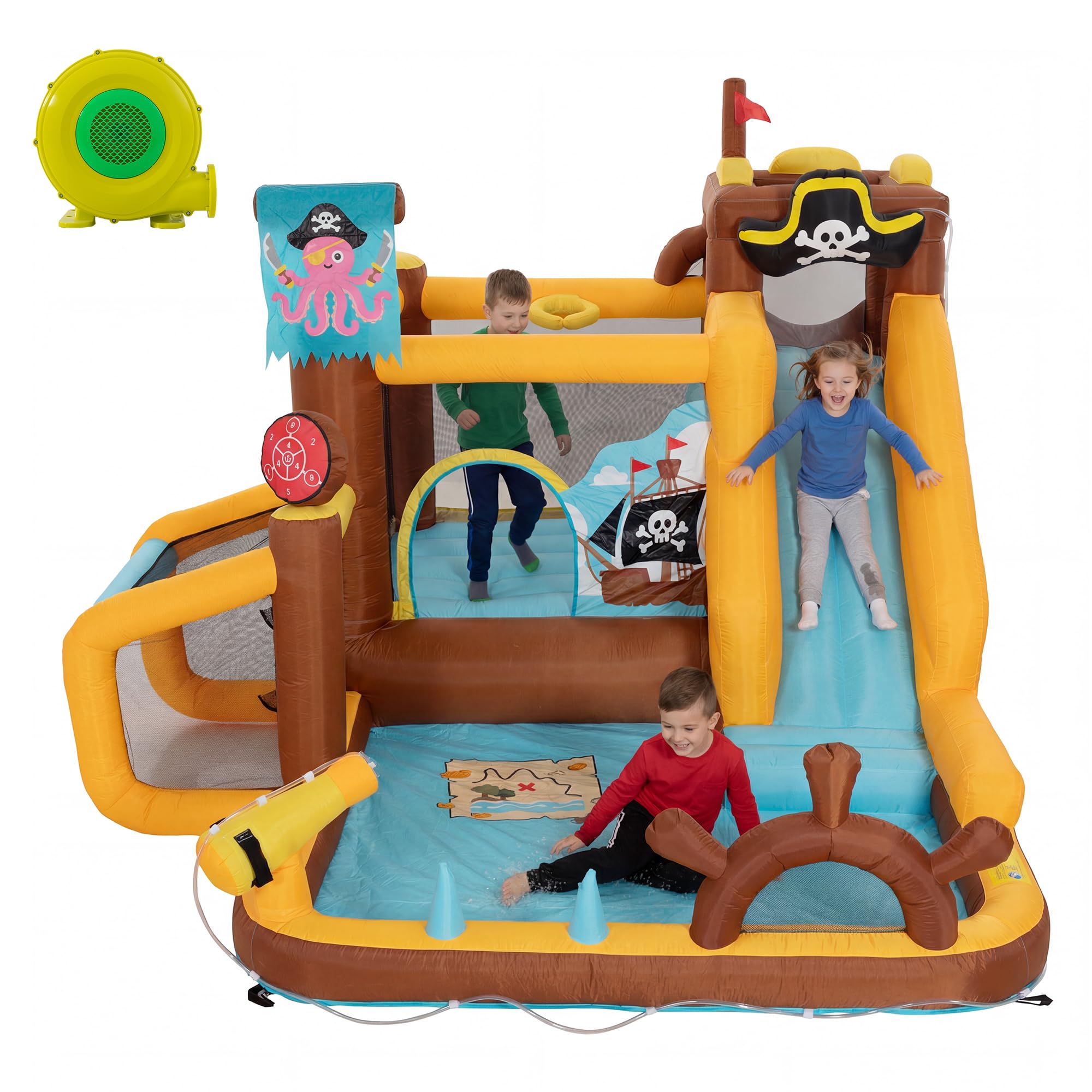 UEV Parco Gonfiabile 394x326x243cm con Unica Tema Navi Pirata | Castelli Gonfiabili con 8-in-1 Giochi per 4 Bambini in 3-8 Anni, Parco Giochi con Soffiatore 450W per Interno ed Esterno