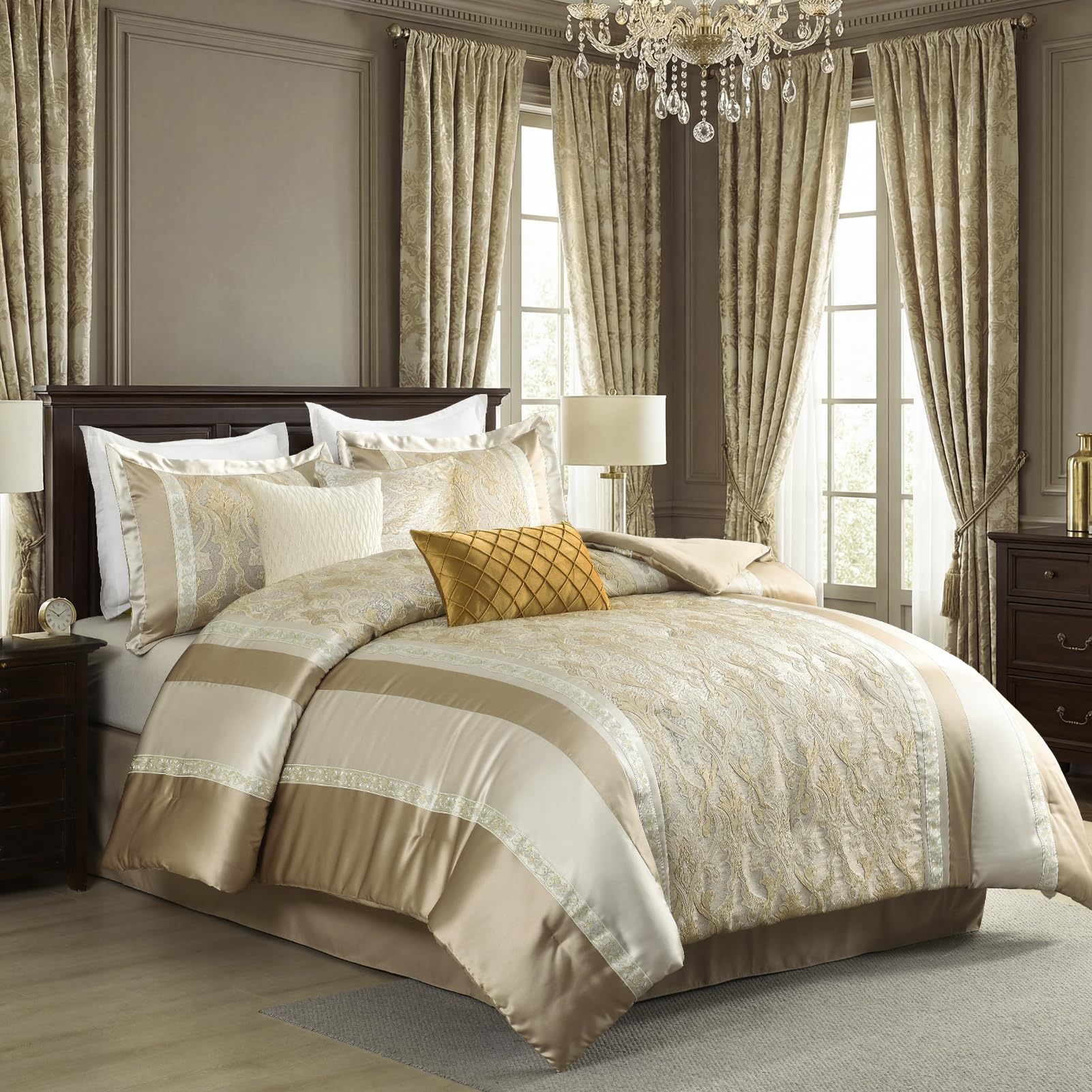 Bedduvit Luxury 7 Piece Bed in Bag, Vintage Damask Jacquard Thick King Comforter Set, Luxurious Genuine Patchwork Design All Season Bedding Set with