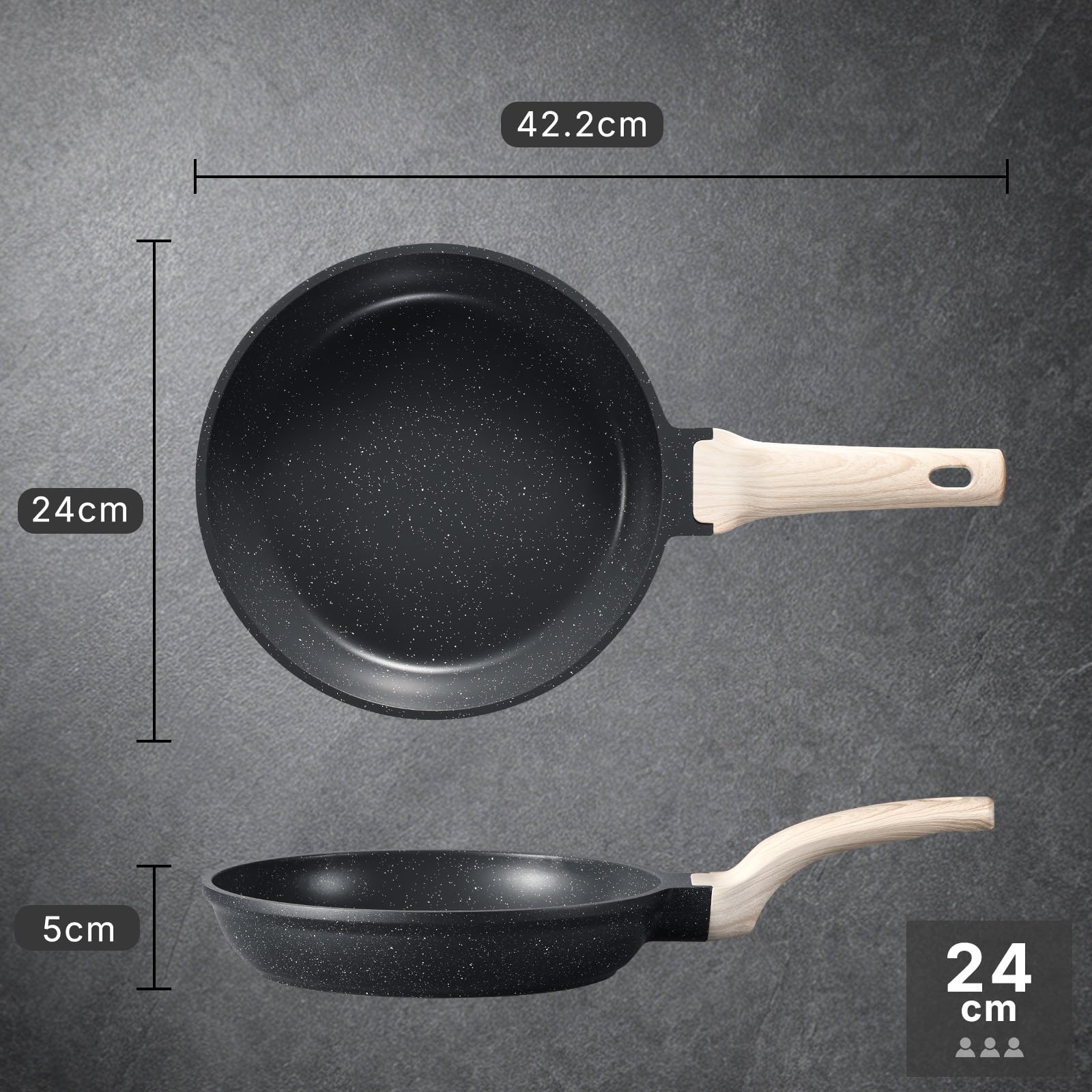 CAROTE Sartén Antiadherente de 24 cm, Apto para Inducción, Efecto Granito | Sartén inducción con mango efecto madera, ideal para tortitas y salteados. Apto para todo tipo de cocinas, libre de PFOA
