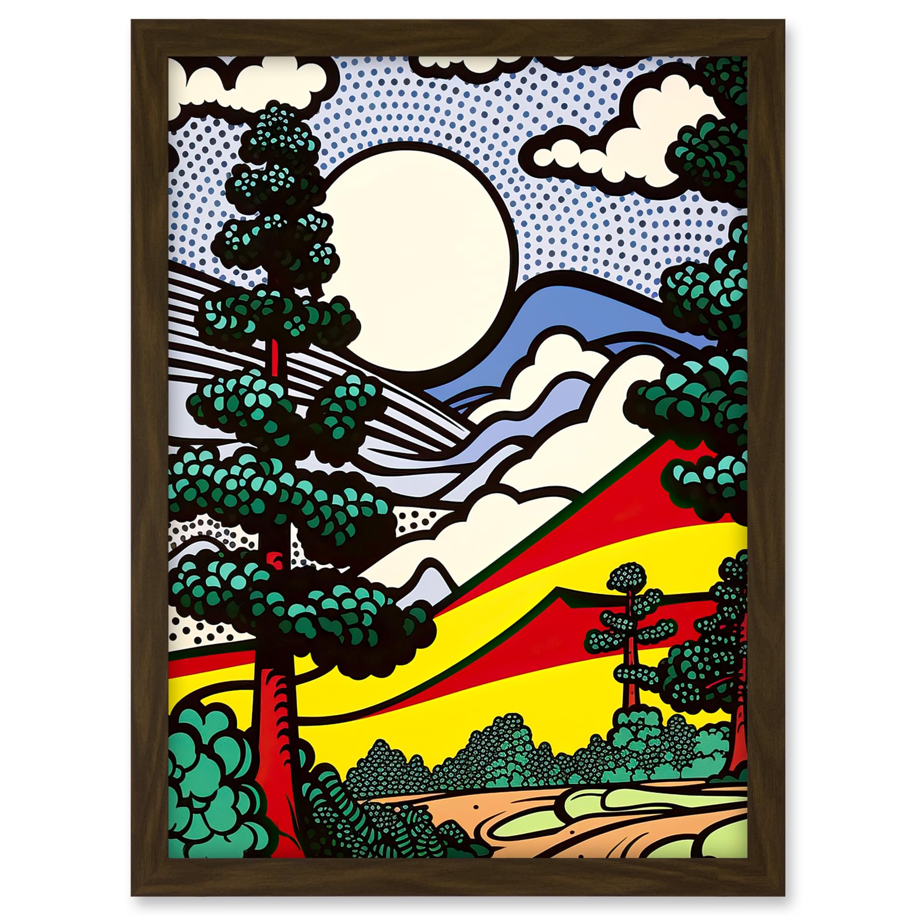 Artery8 Modern Pop Art Forest Mountain Landscape Bright Colourful Comic Book Style Halftone Artwork Framed A3 Wall Art Print