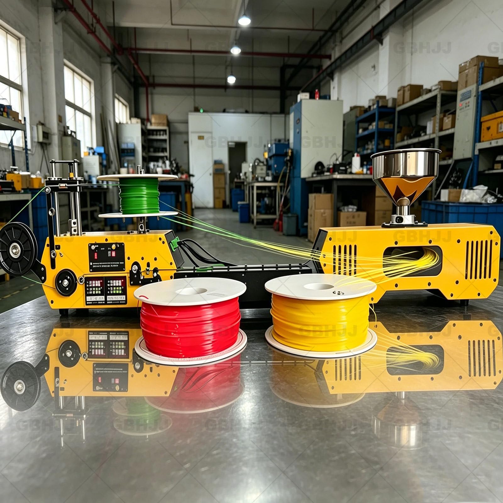 Urządzenie do recyklingu odpadów i produkcji filamentu do drukarek 3D – z automatycznym nawijaniem uchwytem szpulę; wydajność 500 g/h, kontroli regulacji temperatury.