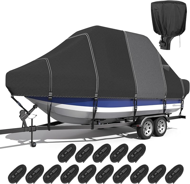 5-Ply 1600D+1200D T-Top/Hard Top Boat Cover, 23'-25' | With Motor Cover, 2" Loops for Trailering & Mooring, Ultra Waterproof, Anti-UV Durable, Center Console Boats with T-Top Roof