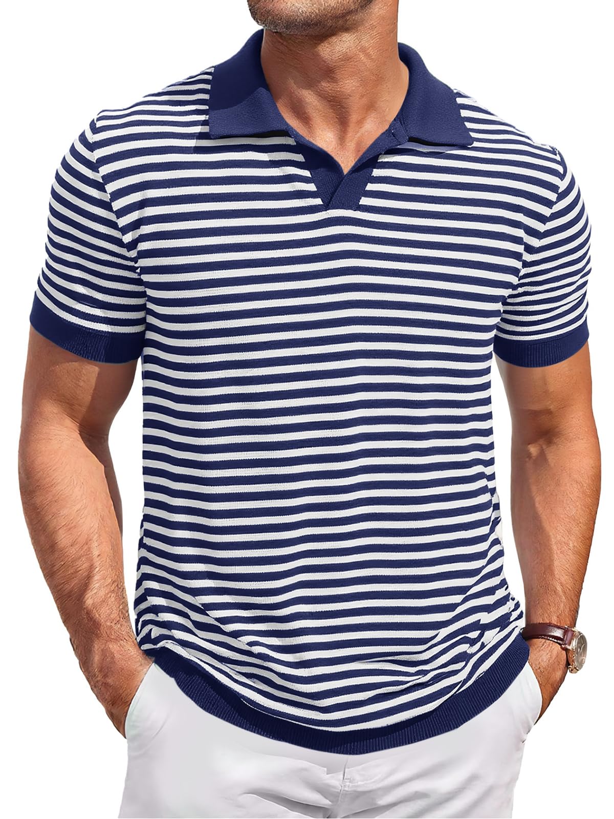 Mens Knit Polo Shirts Short Sleeve Striped V Neck Golf Shirt Classic Casual Summer Tops