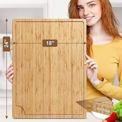 Miniatura 3 de Tabla de cortar de madera de bambú extragrande, tabla de cortar de madera de cocina de 24 x 18 pulgadas con ranura para jugo, tabla de cortar