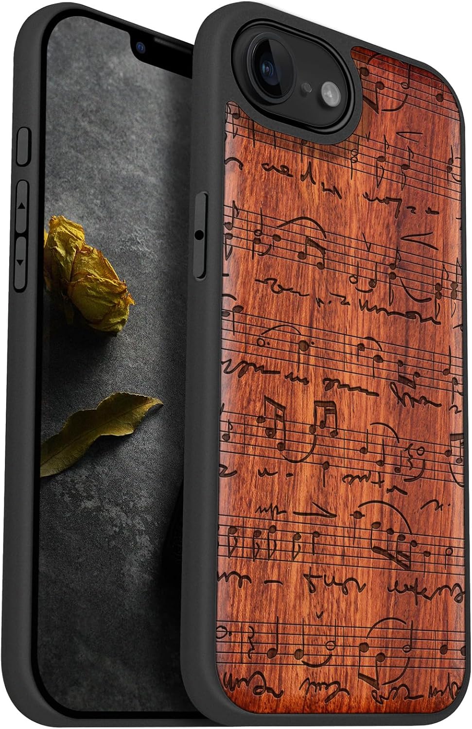 Carveit Magnetic Wooden Case for iPhone 16e / 17e, Solid Wood & Black TPU, Artisan Engraved Design, Shockproof Cover, Compatible with MagSafe Wireless Chargers, Sheet Music - Rosy