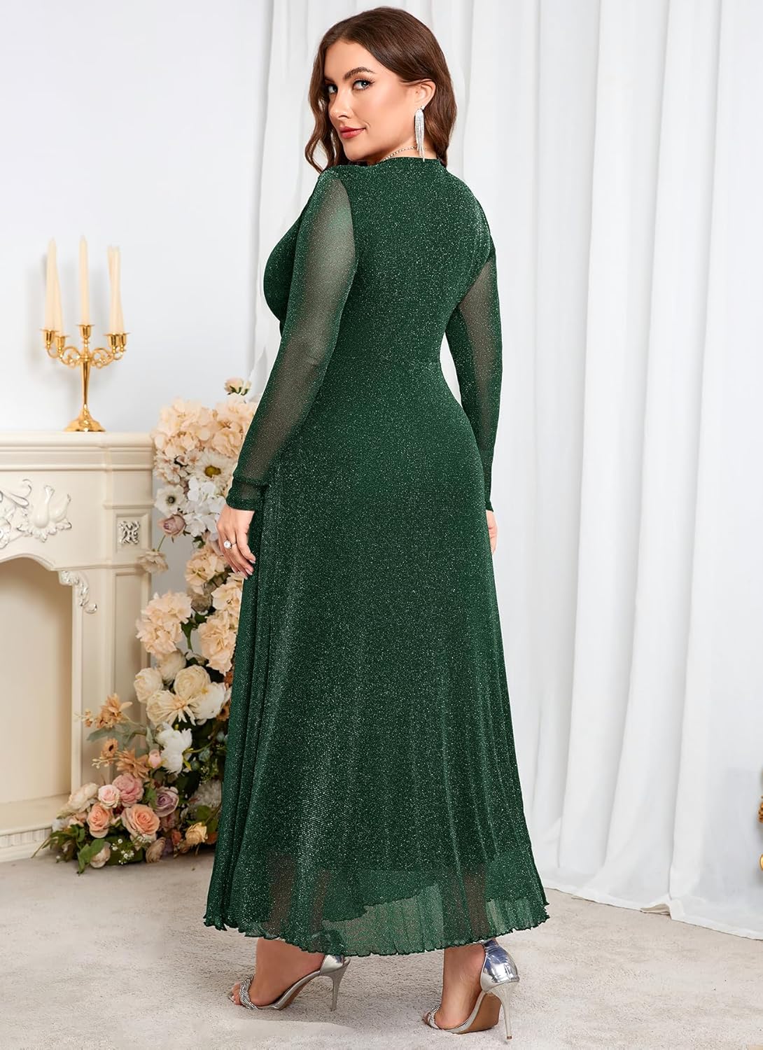ZOMVA Plus Size Sparkly Maxi Dress V-Neck Wrap Long Sleeve A-Line Glitter Mesh Gown Wedding Guest Cocktail Evening Party - Image 3