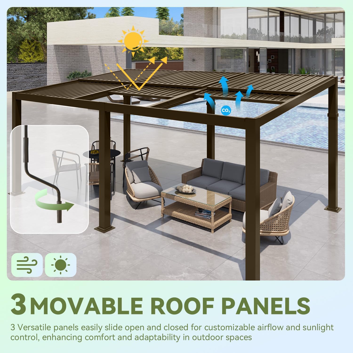 هڪ اوور هيڊ view of the gazebo showing three movable roof panels, with arrows indicating their adjustable movement for sunlight and airflow control.