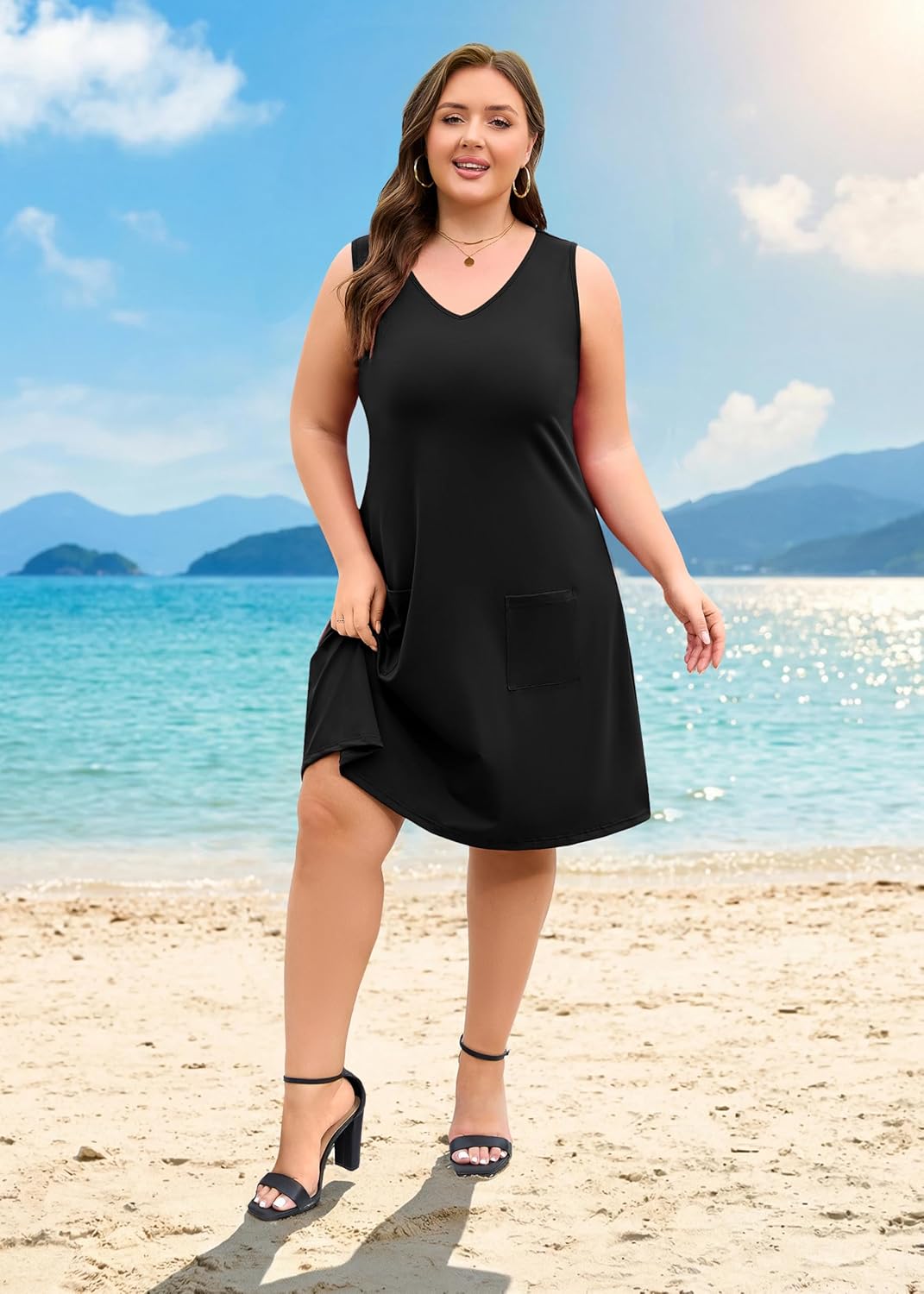 Plus Size Summer Dresses for Women V Neck Sleeveless Beach Tshirt Tank Sundress with Pockets - Image 4