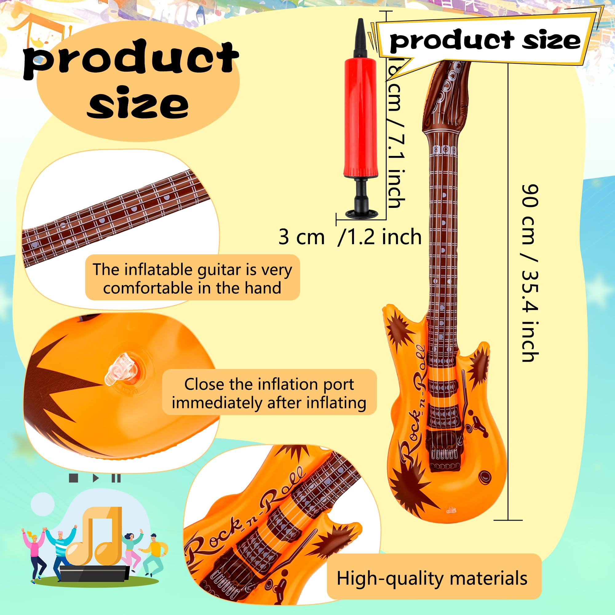 20 Pcs 36 Inch Inflatable Guitar Reusable Inflatable Guitar Toys Blow Up Guitars Rock Star Musical Props Assorted Colors with 1 Red Air Pump for Kids Birthday Karaoke Themed Party
