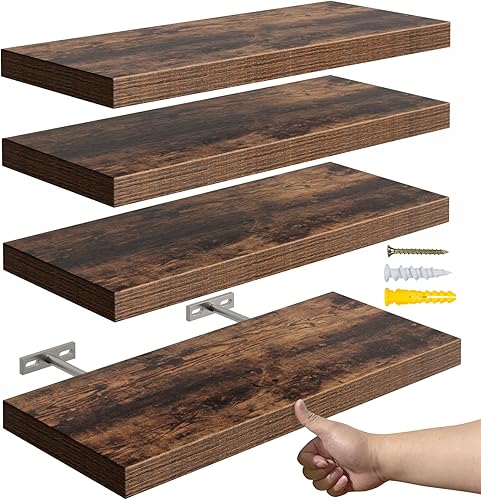 Miniatura 8 de Estantes flotantes de 23 pulgadas color marrón rústico para pared, estante de madera rústica para decoración de habitaciones, almacenamiento, Brwon
