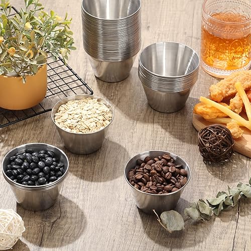 Miniatura 4 de 60 tazas de salsa de acero inoxidable a granel, 5 onzas, recipientes de metal para salsa, cuencos para condimentos, reutilizables, apilables,