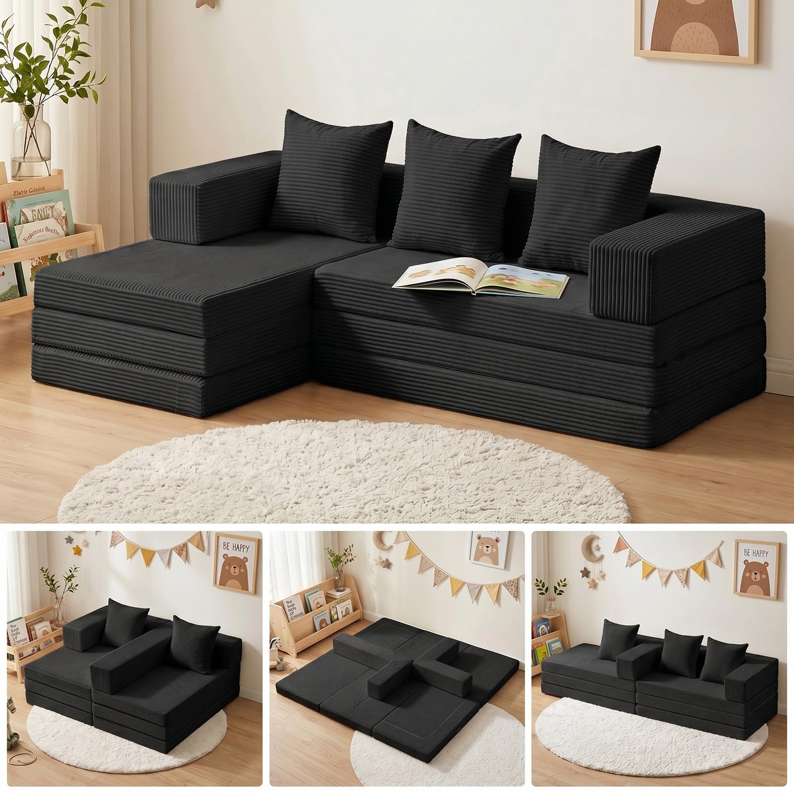 Photo 1 of Ziydily Boneless Couch, L Shaped Couch with Chaise, 5-in-1 Comfy Corduroy Fluffy Sofas, Mini Flexible Module Combination Compact Room Couch, No Assembly, Black